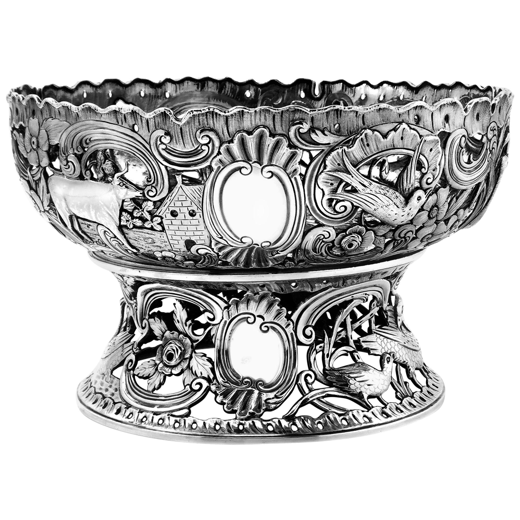 Large Antique Victorian Silver Dish Ring and Bowl 1900 Georgian Irish Style For Sale