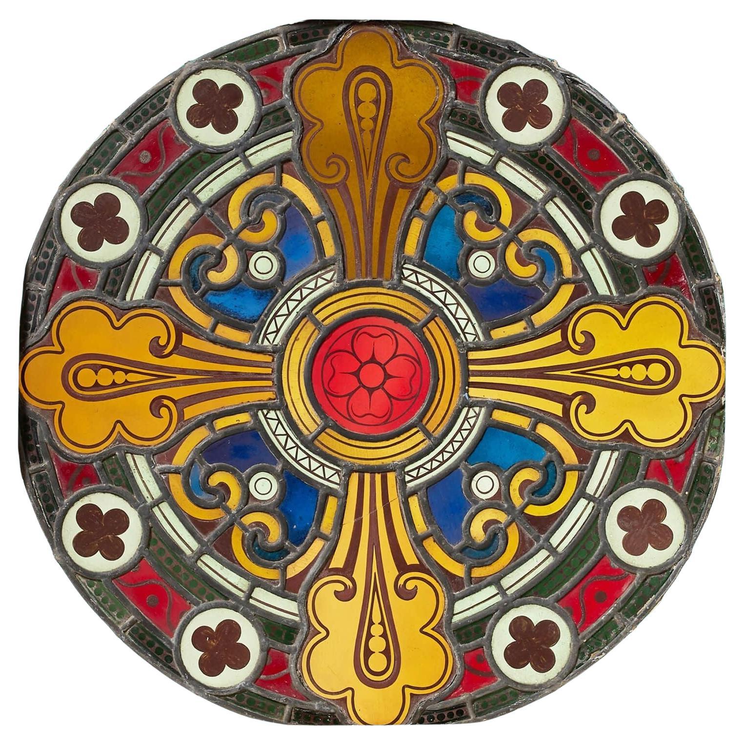 Large Antique Victorian Stained Glass Roundel Window For Sale