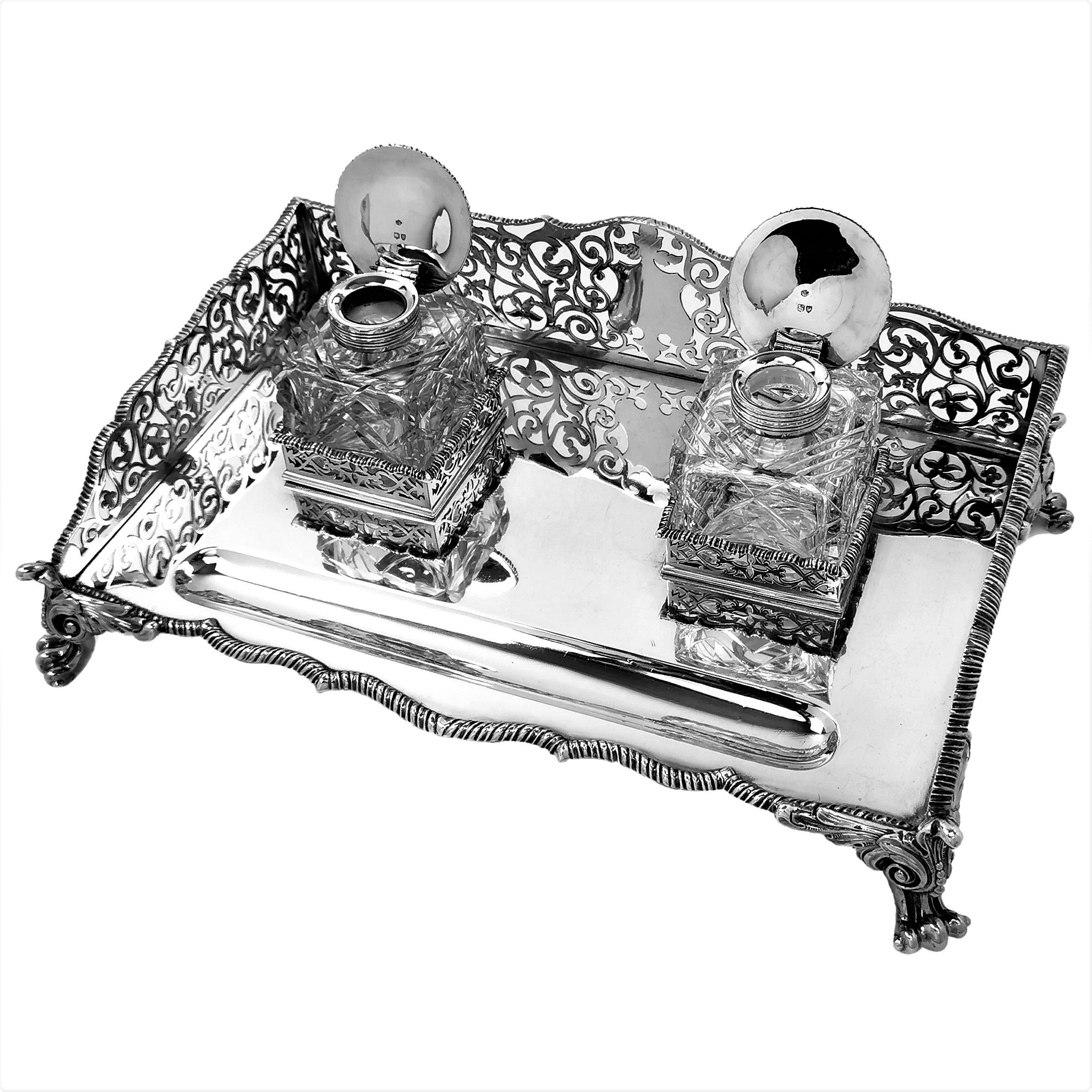 English Large Antique Victorian Sterling Silver Inkstand Inkwell, 1895