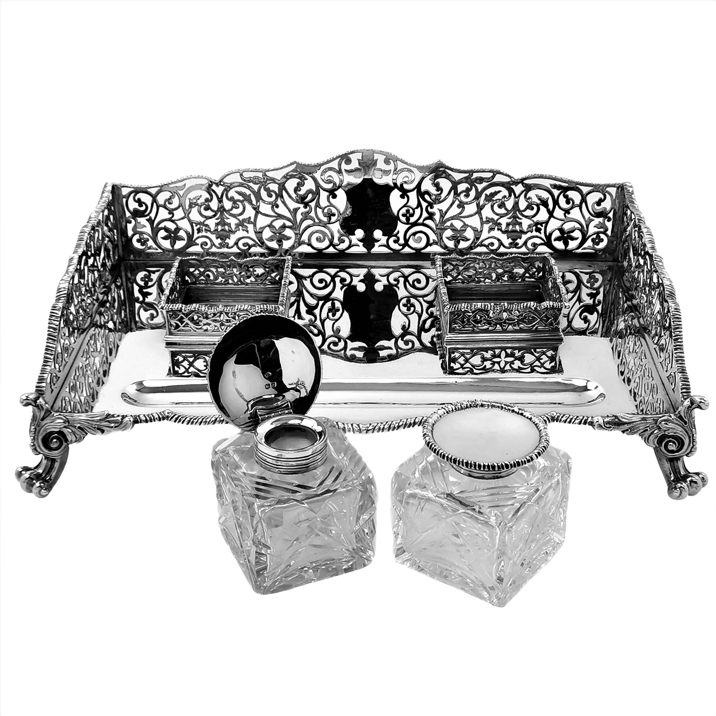 19th Century Large Antique Victorian Sterling Silver Inkstand Inkwell, 1895