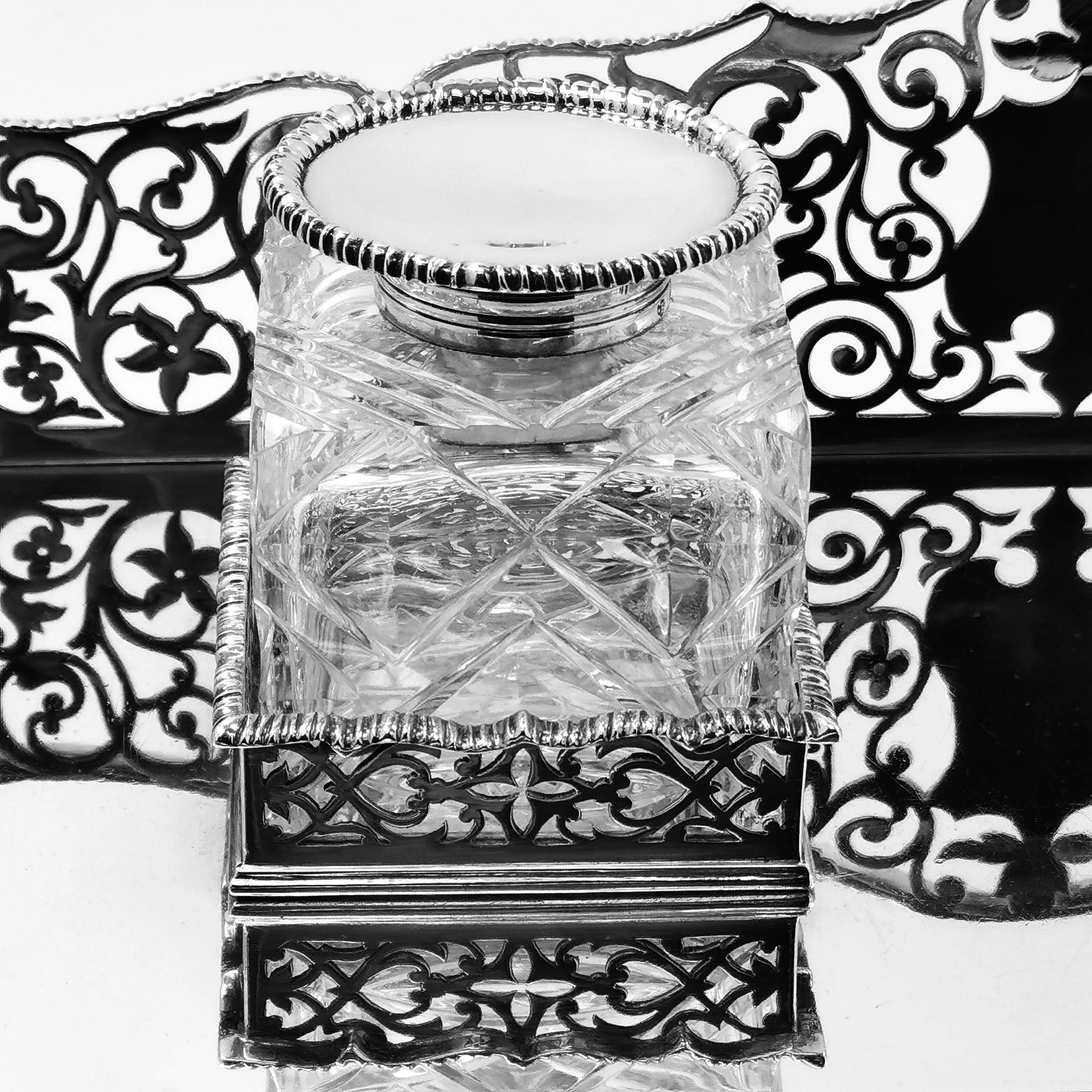 Large Antique Victorian Sterling Silver Inkstand Inkwell, 1895 1