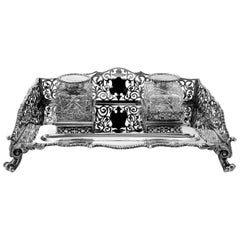 Large Antique Victorian Sterling Silver Inkstand Inkwell, 1895