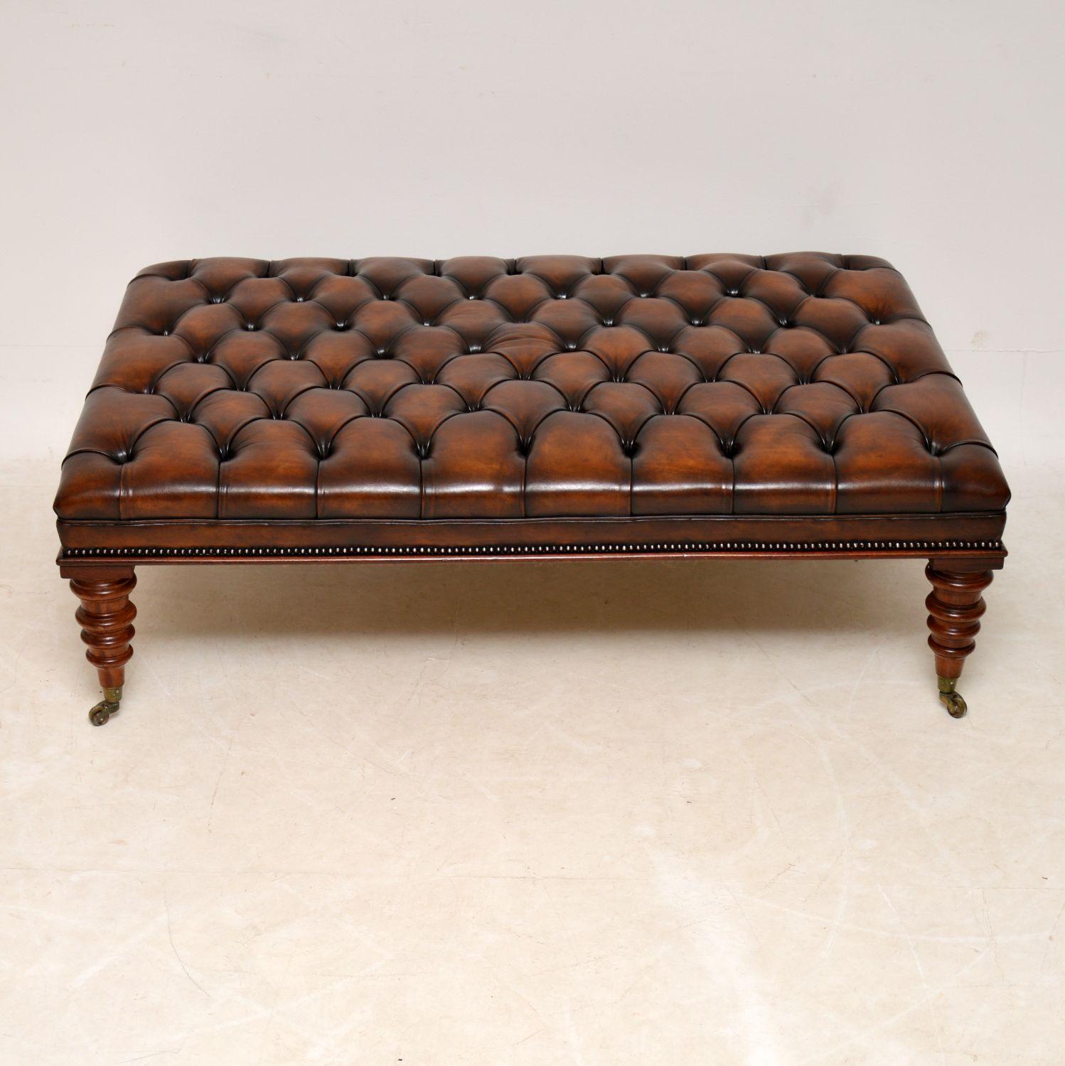 British Large Antique Victorian Style Deep Buttoned Leather Stool / Coffee Table
