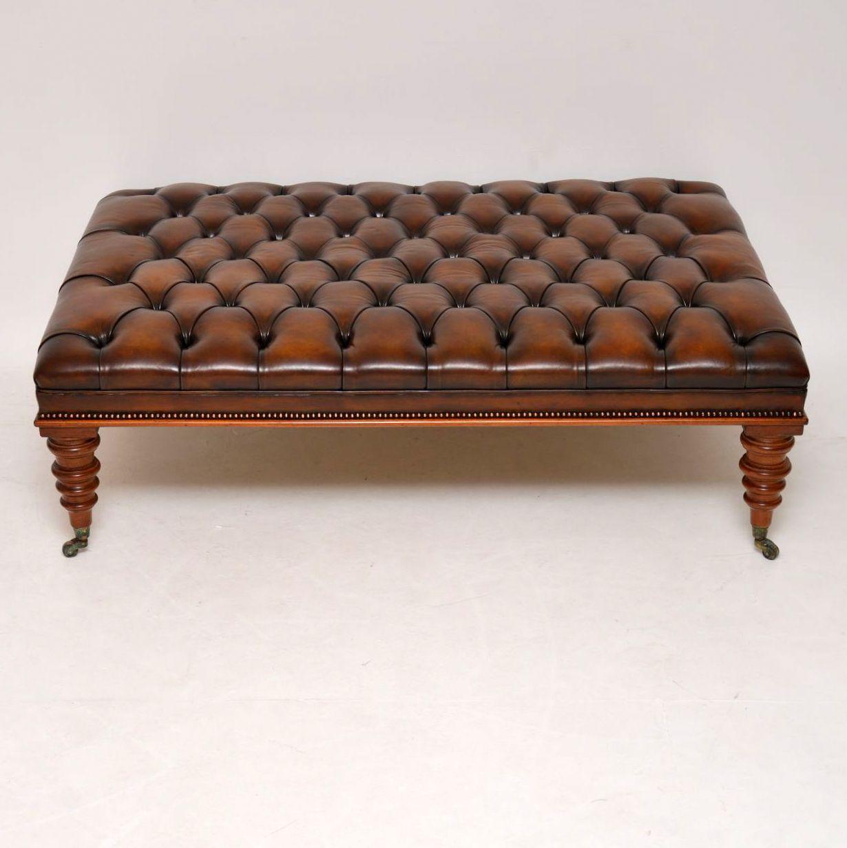 This large antique Victorian style deep buttoned leather stool lends itself to being used as a coffee table too. We have been making these regularly for the last 10 years, normally in this size, but also in other sizes & colors to order. They are