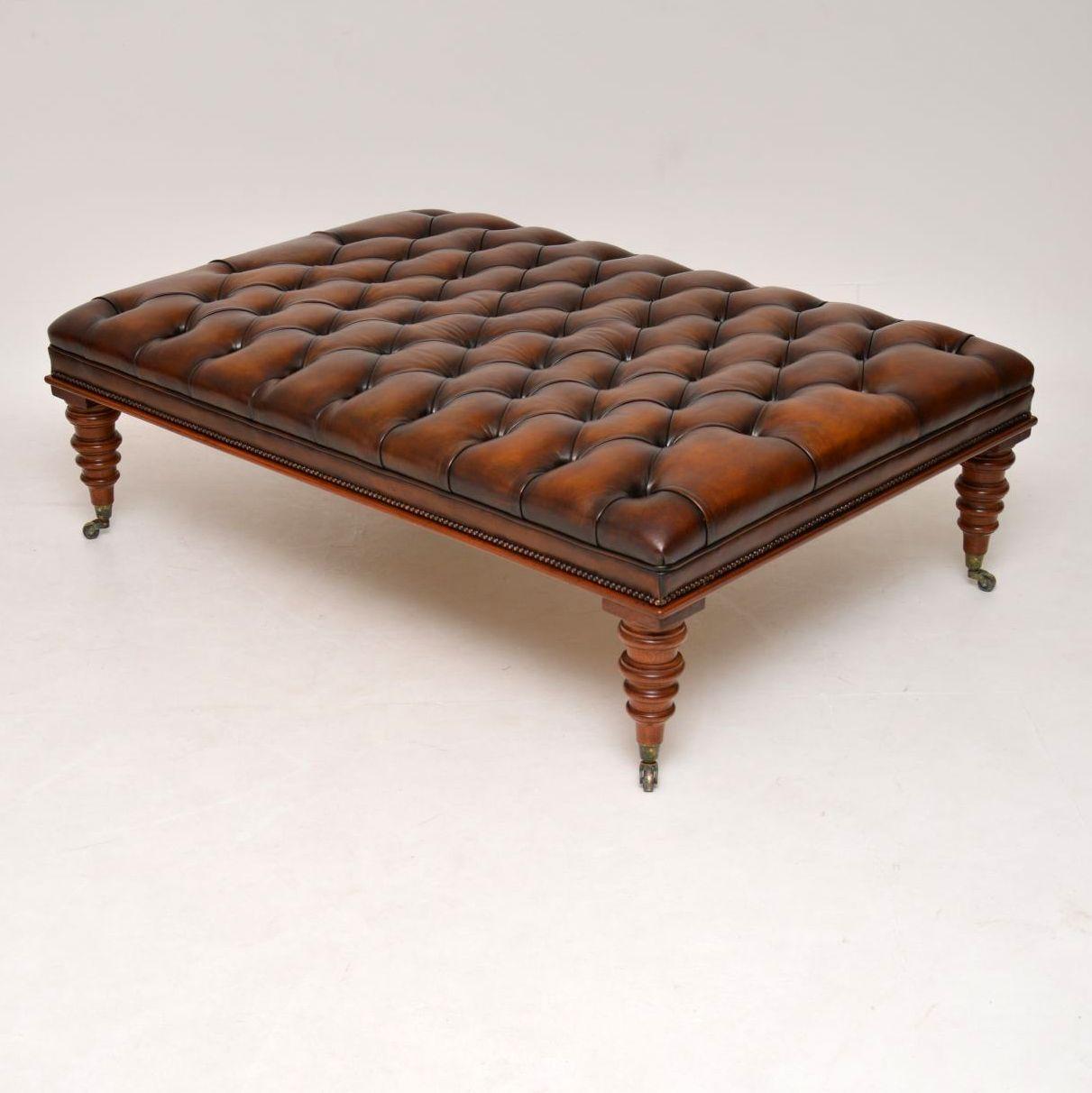 English Large Antique Victorian Style Leather and Mahogany Stool / Coffee Table