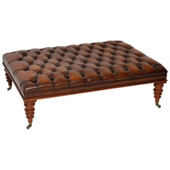 Grand tabouret/table basse ancien en cuir de style victorien