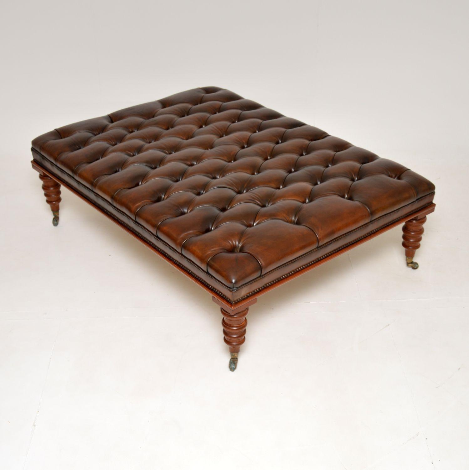 English Large Antique Victorian Style Leather Stool / Coffee Table