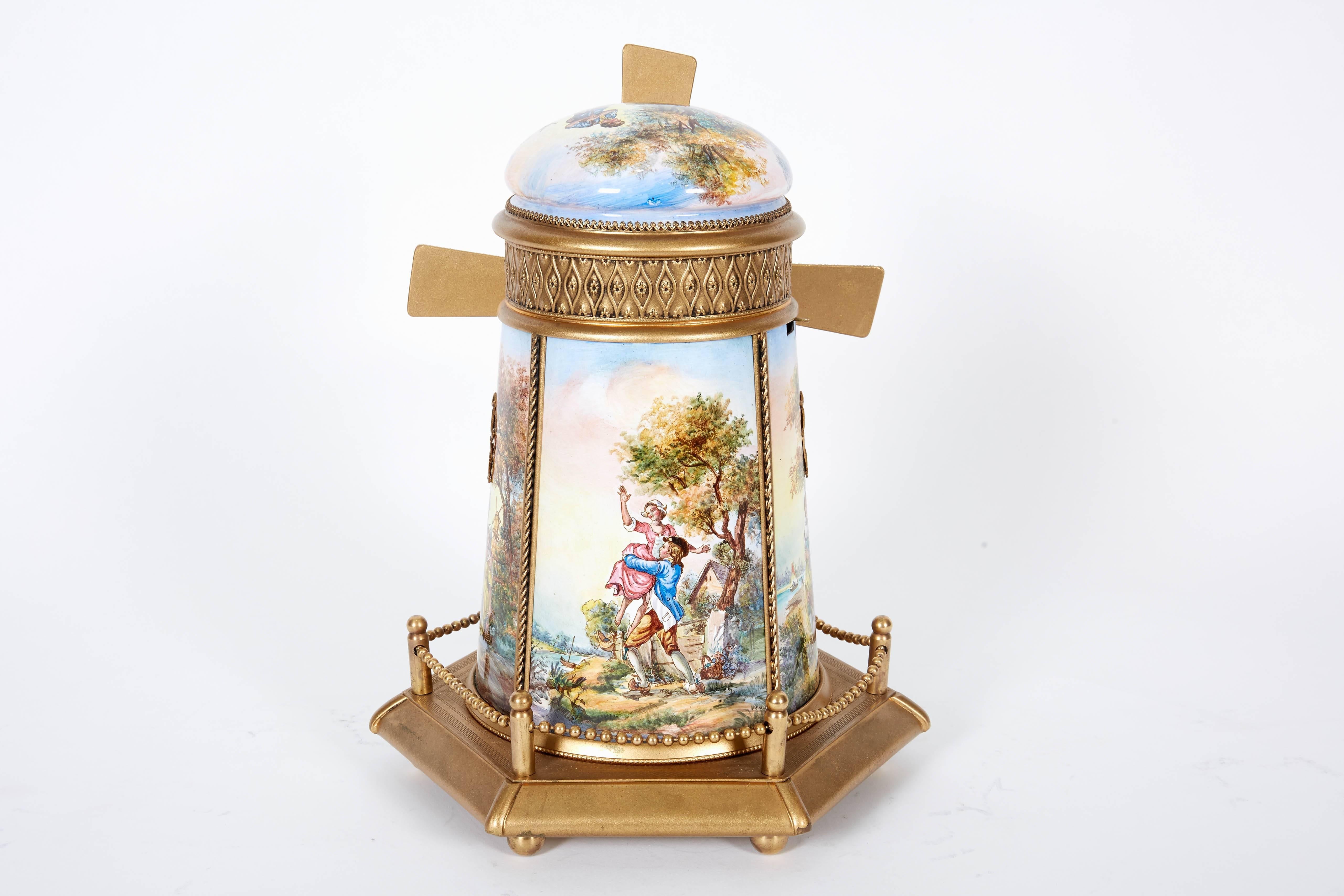 20th Century Large Antique Viennese Austrian Enamel and Bronze Windmill Musical Jewelry Box