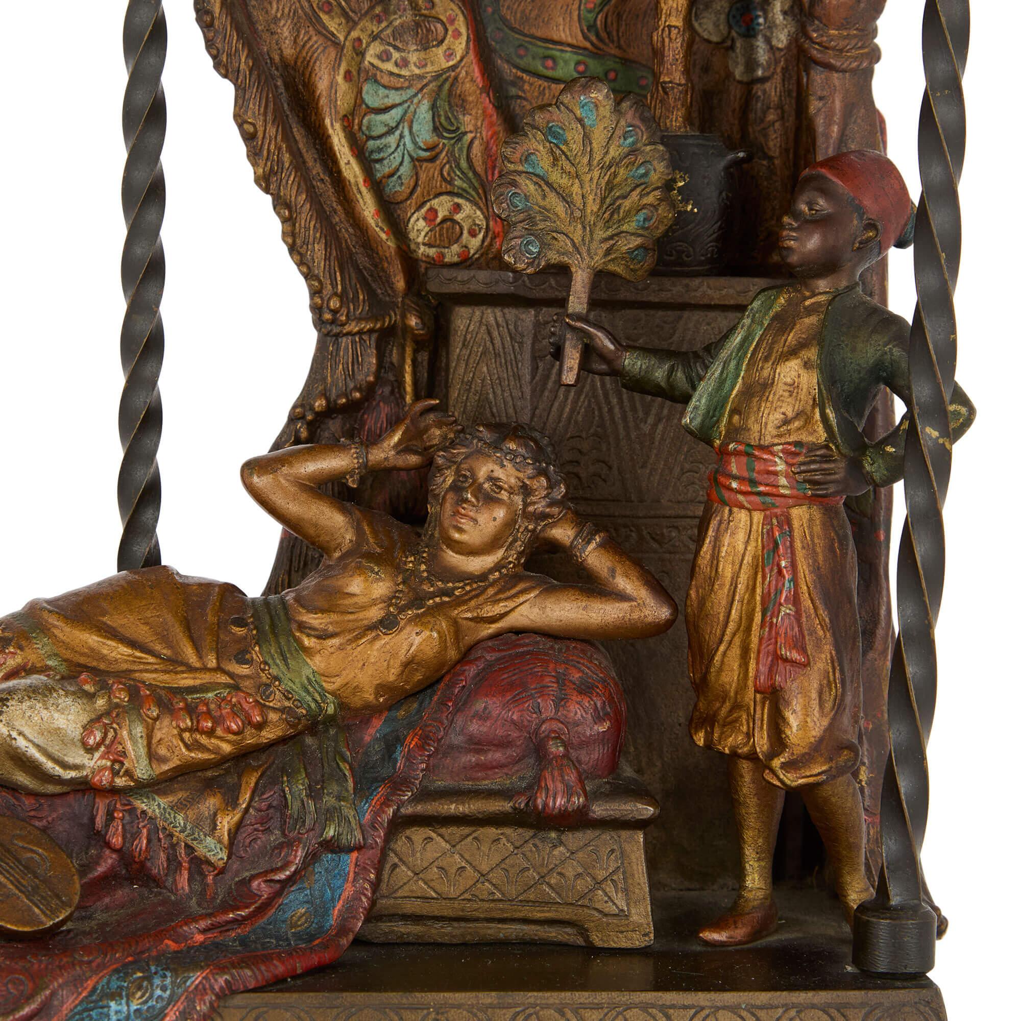 Austrian Large Antique Viennese Cold-Painted Bronze Lamp of a Princess by Bergman For Sale