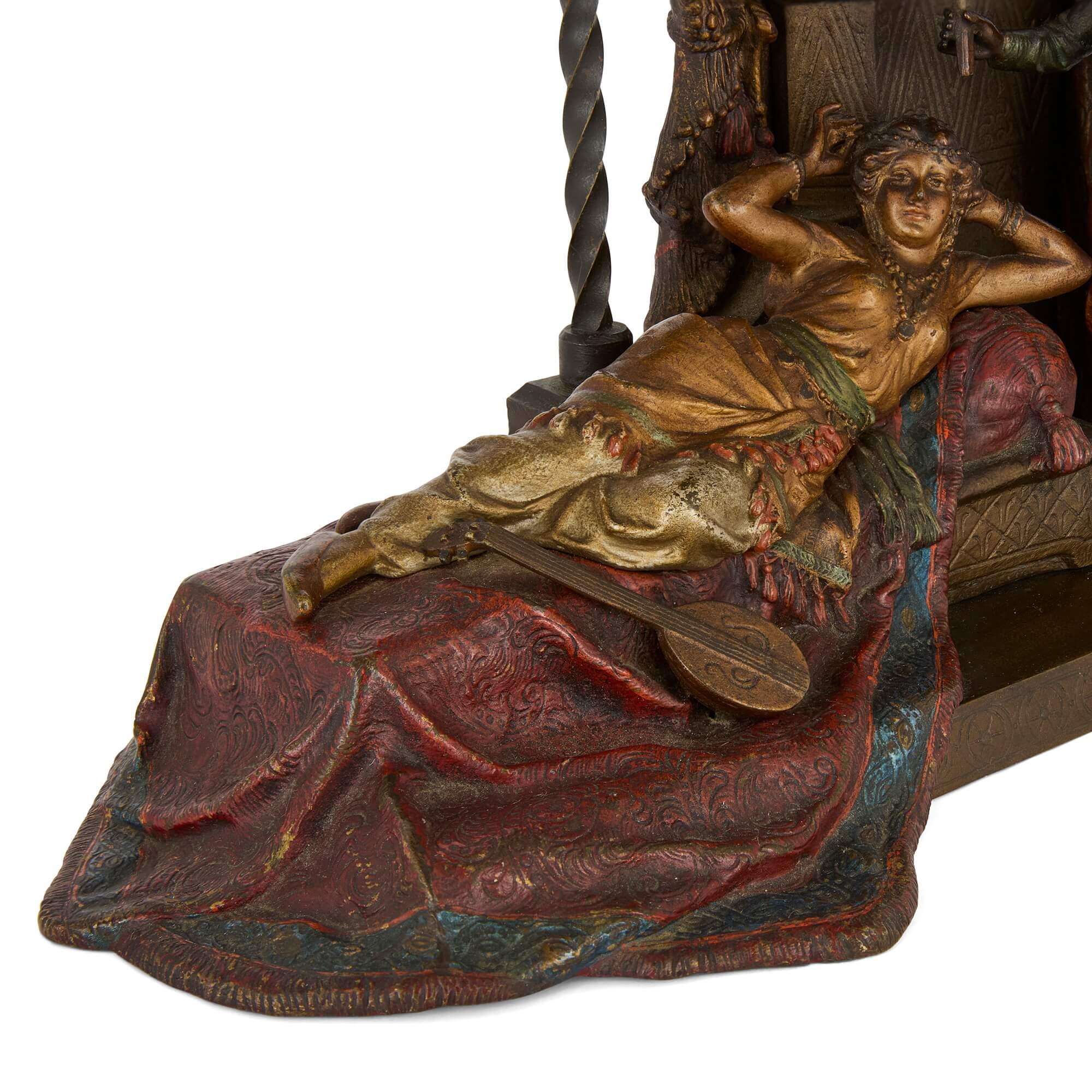 Large Antique Viennese Cold-Painted Bronze Lamp of a Princess by Bergman In Good Condition For Sale In London, GB