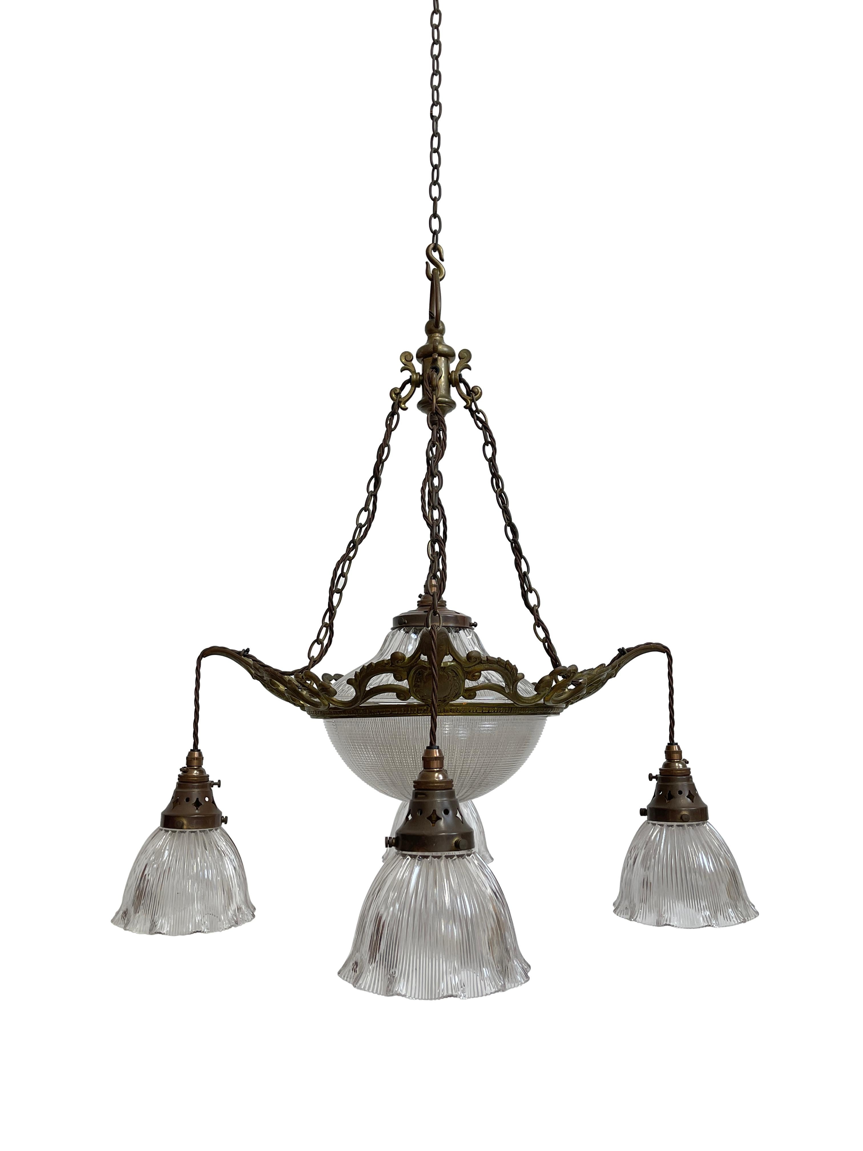 British Large Antique Vintage Brass Holophane Ceiling Chandelier Pendant Light Lamp For Sale