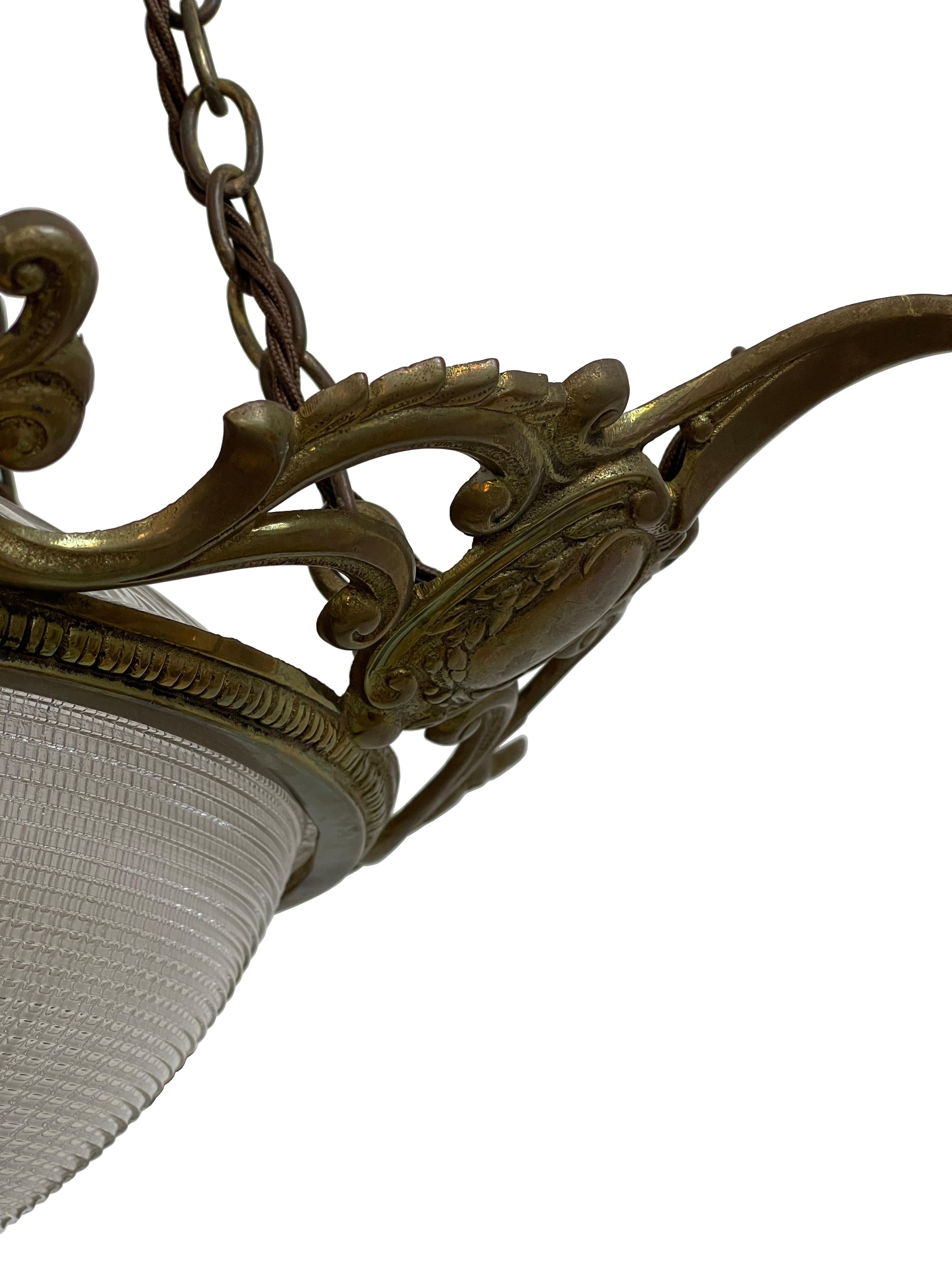 Large Antique Vintage Brass Holophane Ceiling Chandelier Pendant Light Lamp In Good Condition For Sale In Sale, GB