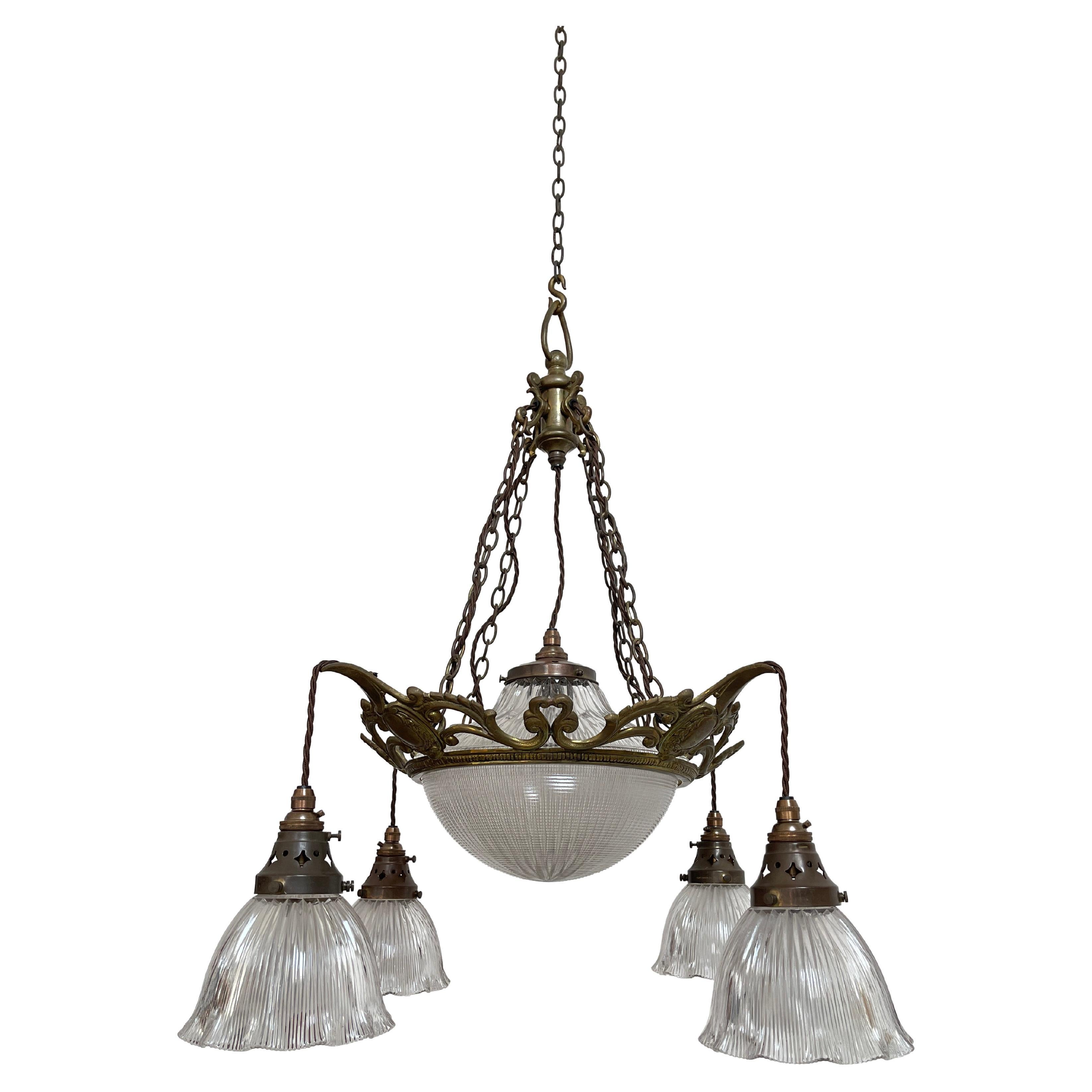 Large Antique Vintage Brass Holophane Ceiling Chandelier Pendant Light Lamp