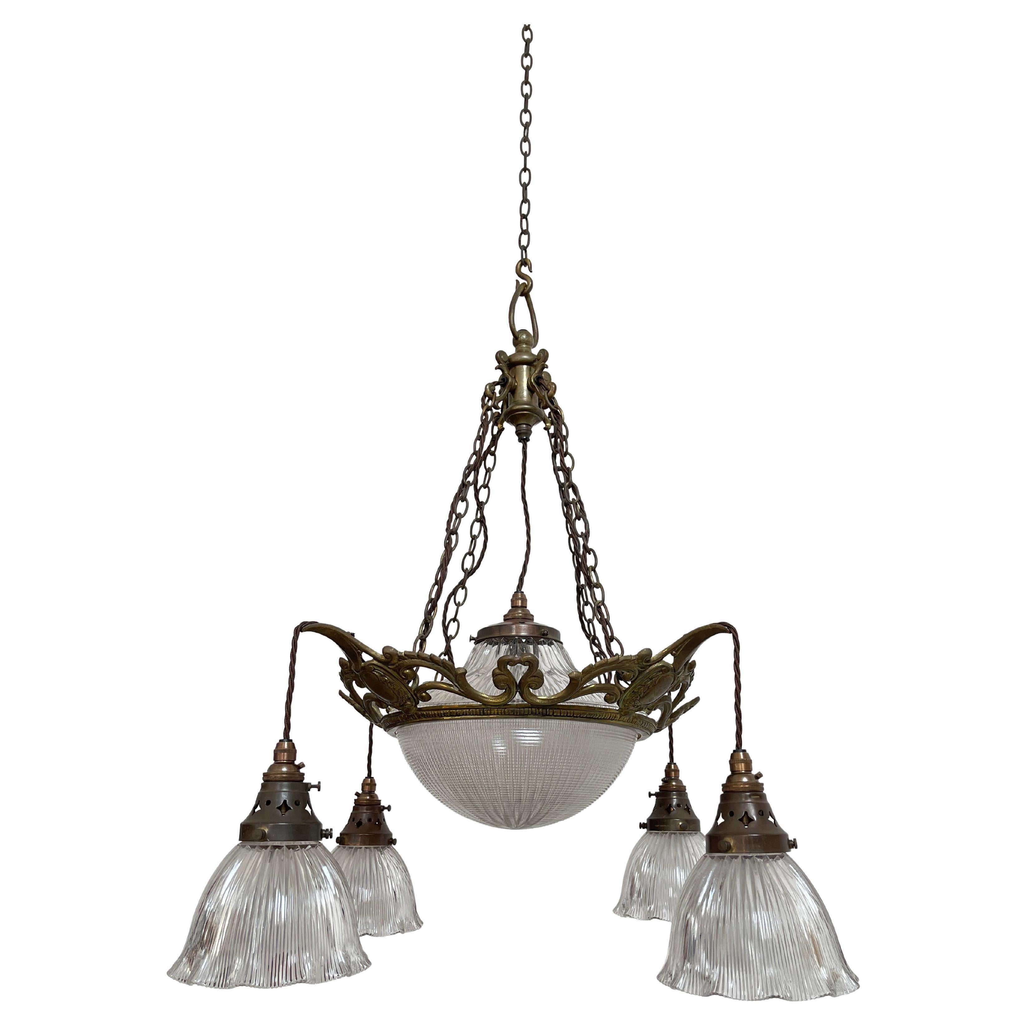 Large Antique Vintage Brass Holophane Ceiling Chandelier Pendant Light Lamp For Sale