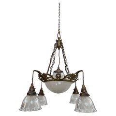 Large Antique Vintage Brass Holophane Ceiling Chandelier Pendant Light Lamp