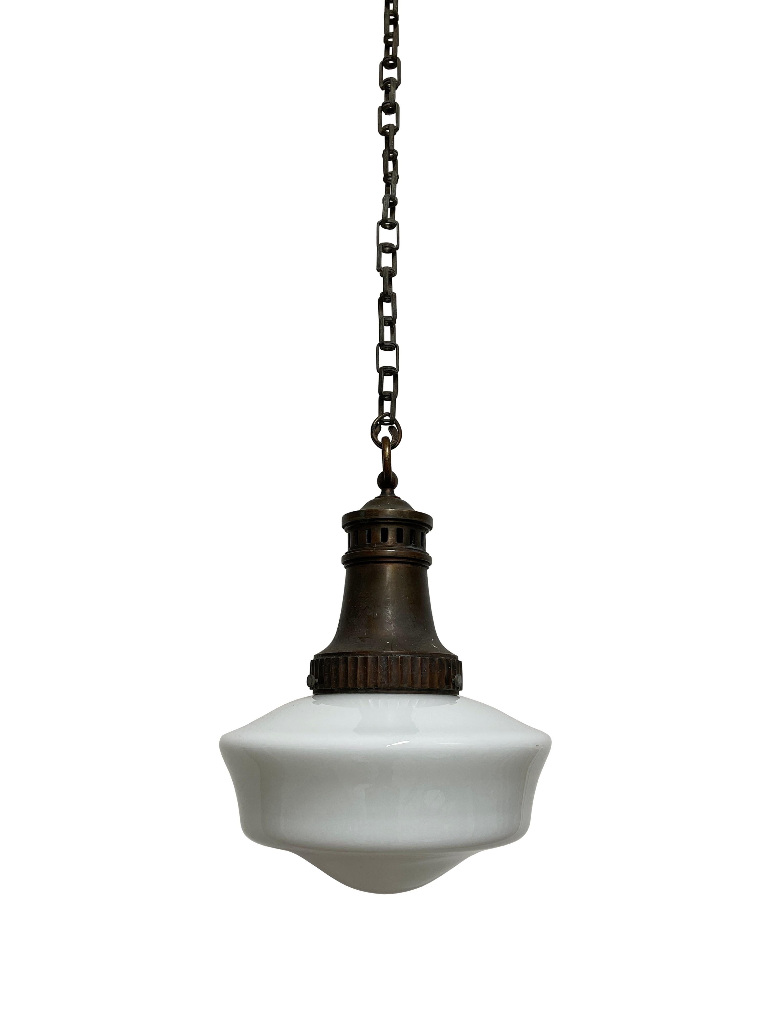 British Large Antique Vintage Cast Iron Opaline Milk Glass Ceiling Pendant Light Lamp