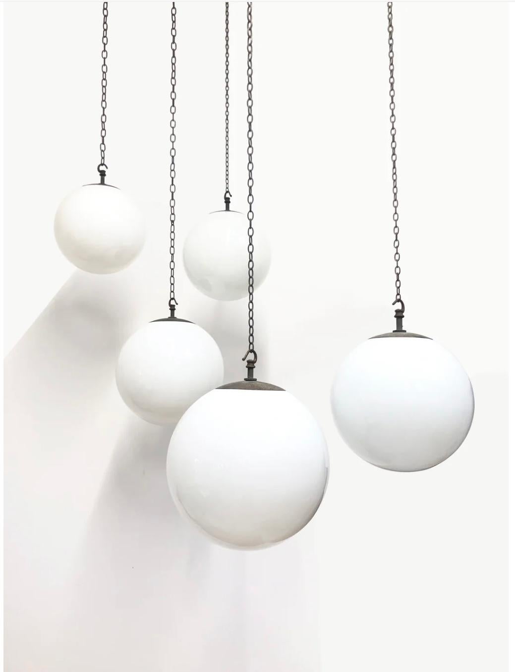 British Large Antique Vintage Church Opaline Milk Glass Globe Ceiling Pendant Light Lamp For Sale