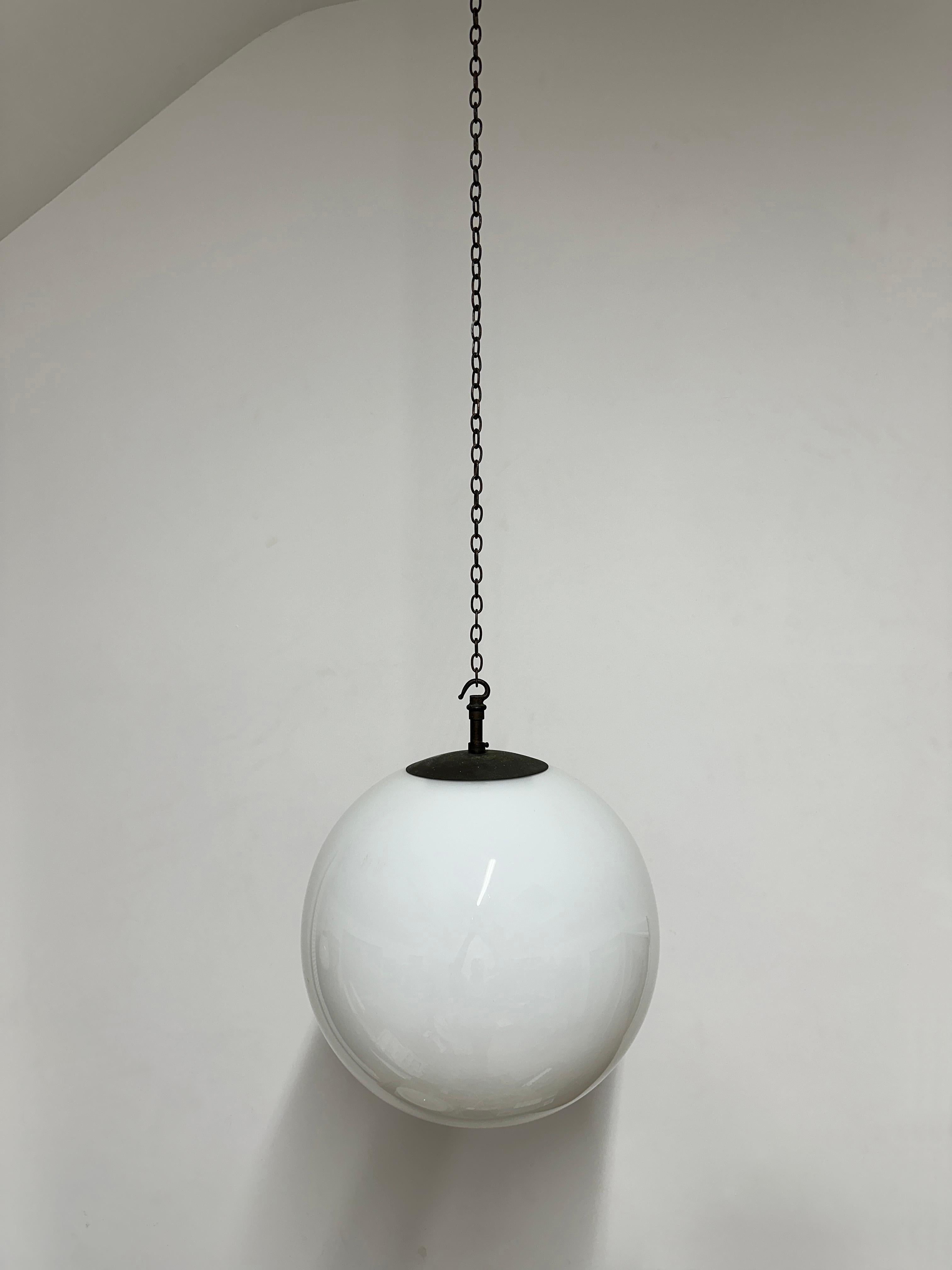 Copper Large Antique Vintage Church Opaline Milk Glass Globe Ceiling Pendant Light Lamp For Sale