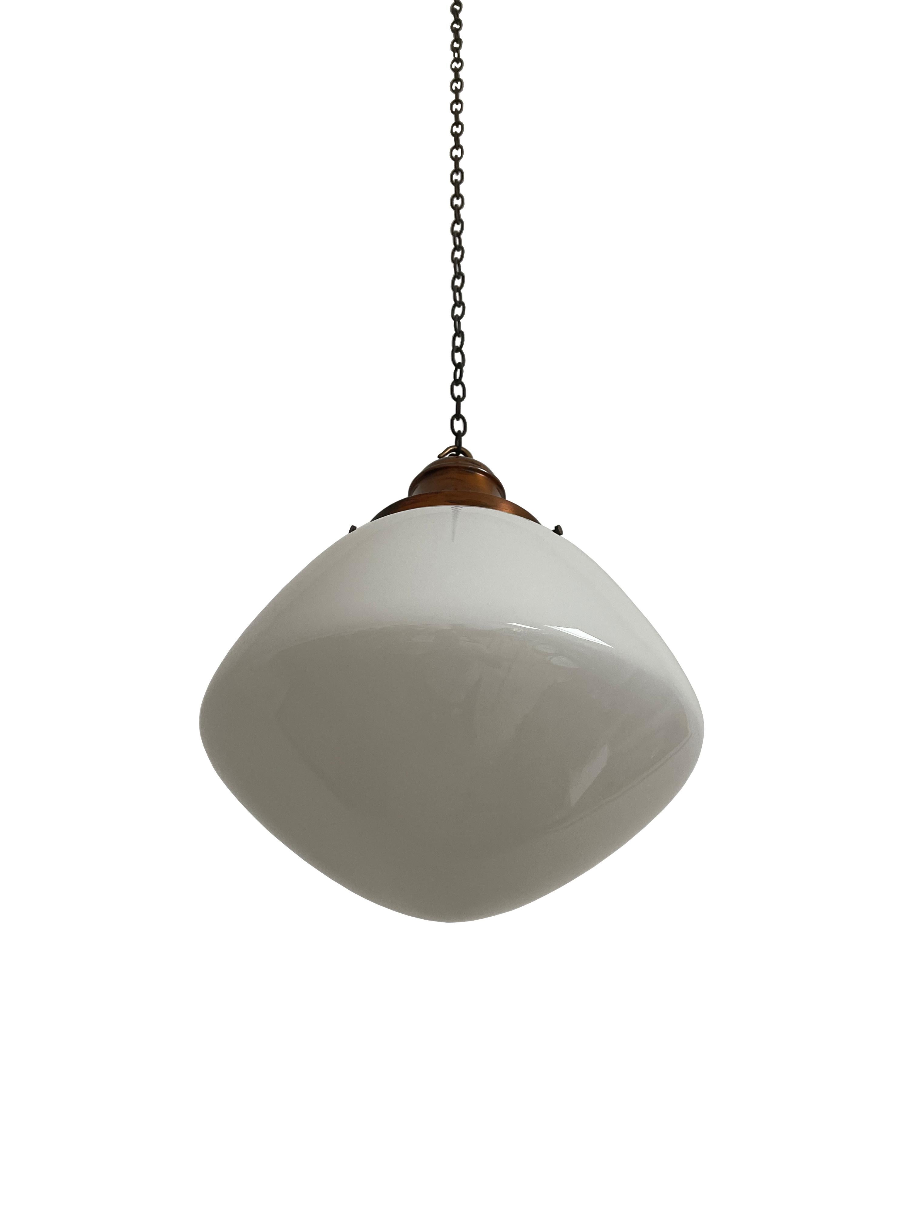 - A beautiful and all original church opaline pendant light with gallery, English circa 1930.
- Tremendous bulbous shape to the opaline, wear commensurate with age, all in excellent condition.
- Height 45cm, Width 35cm, Depth 35cm.
- Rewired with