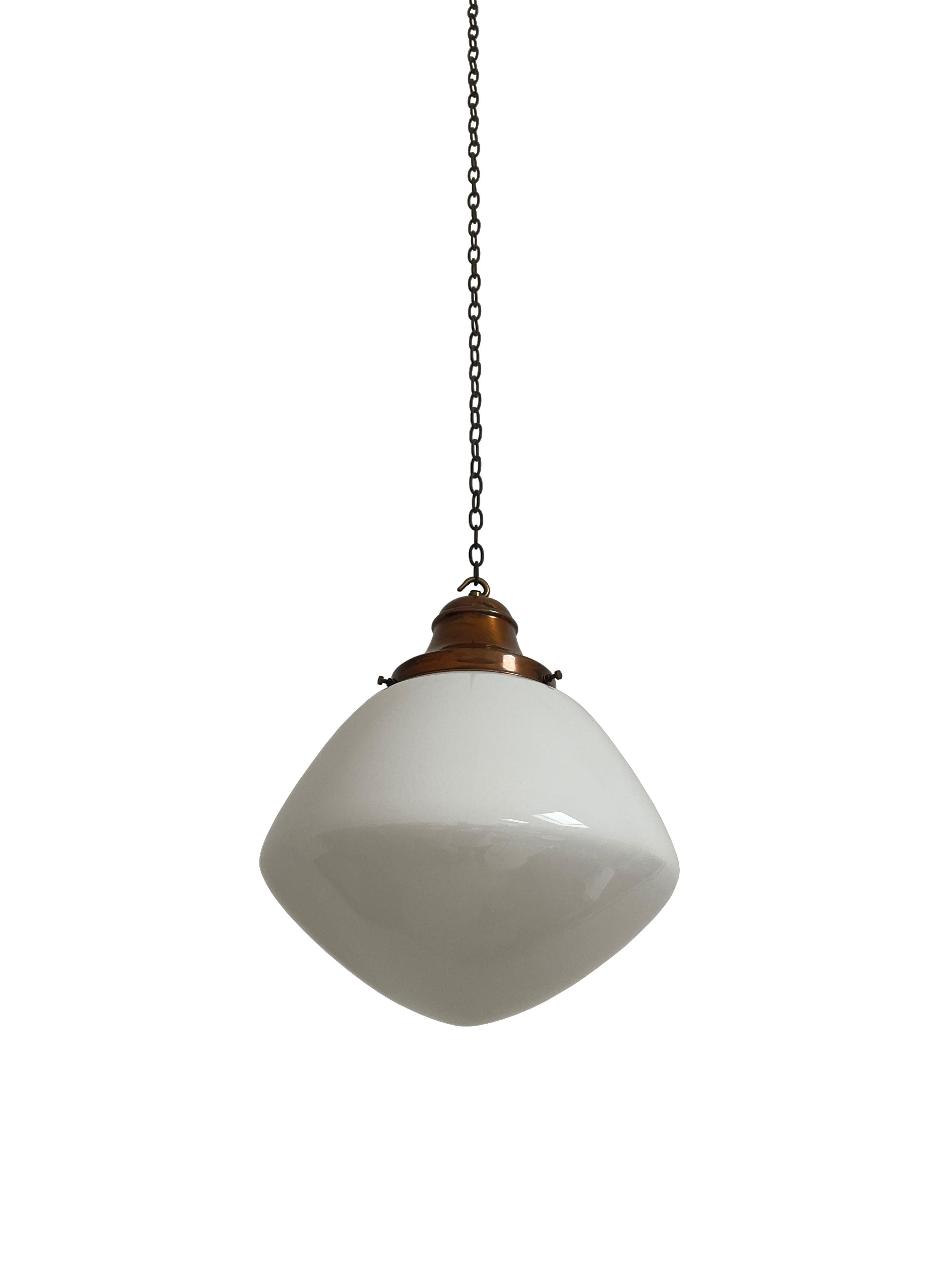 British Large Antique Vintage Church Opaline Milk White Glass Ceiling Pendant Light Lamp For Sale