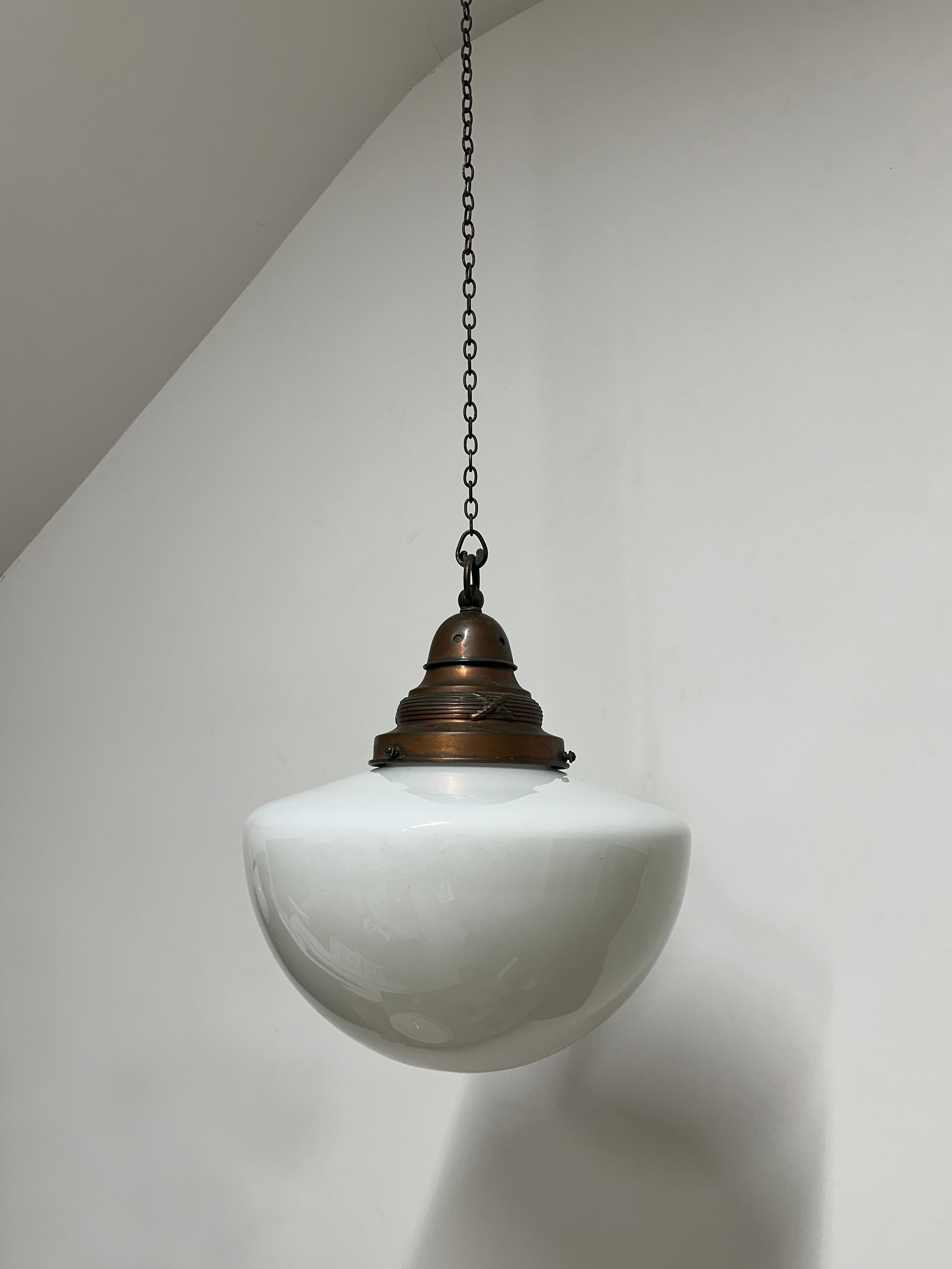Large Antique Vintage Church Opaline Milk White Glass Ceiling Pendant Light Lamp In Good Condition In Sale, GB