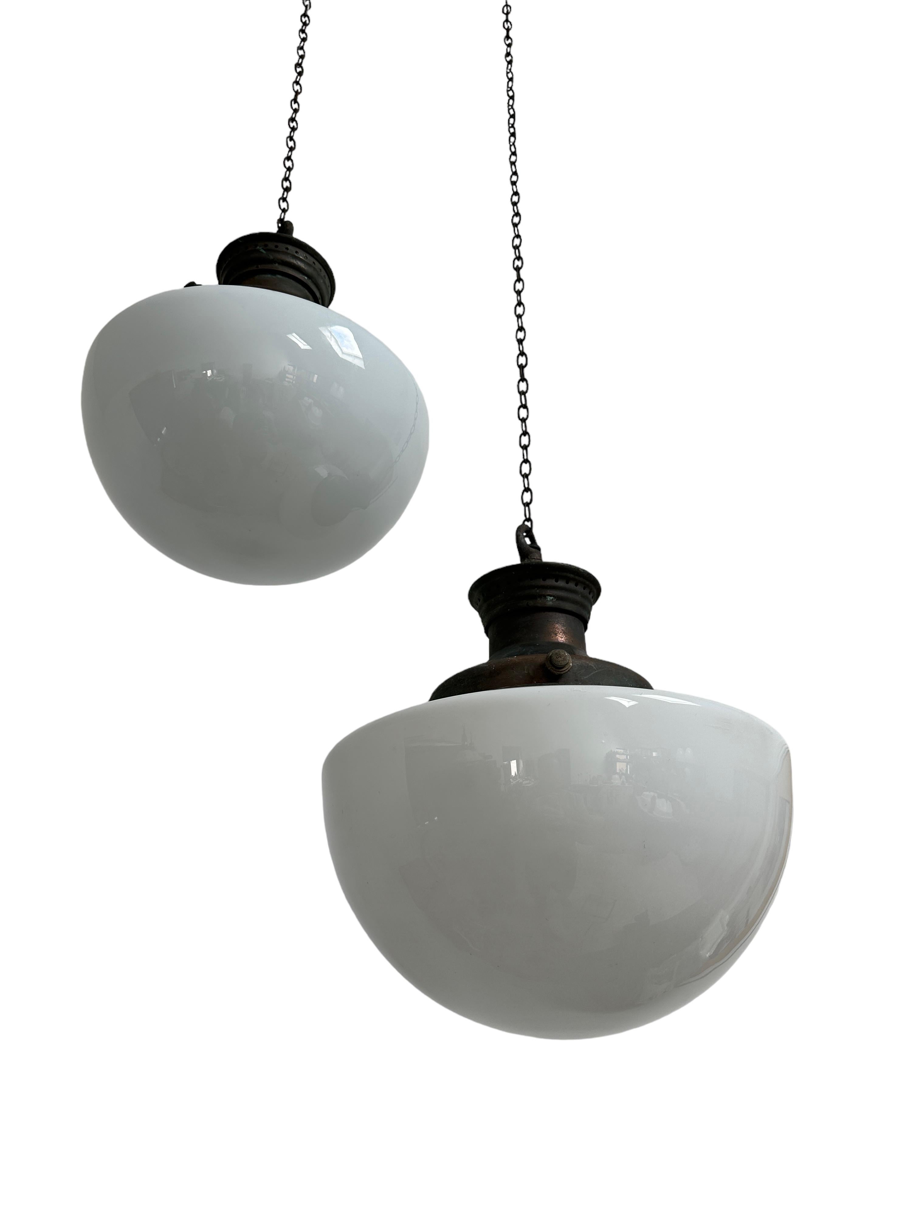 Large Antique Vintage Church Opaline Milk White Glass Ceiling Pendant Light Lamp In Good Condition In Sale, GB