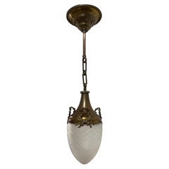 Large Antique Vintage Edwardian Frosted Cut Glass Brass Ceiling Light Pendant