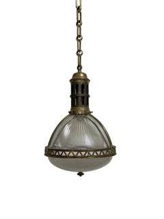 Large Antique Vintage French Caged Holophane Glass Ceiling Pendant Light Lamp