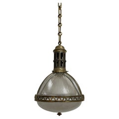 Large Antique Vintage French Caged Holophane Glass Ceiling Pendant Light Lamp