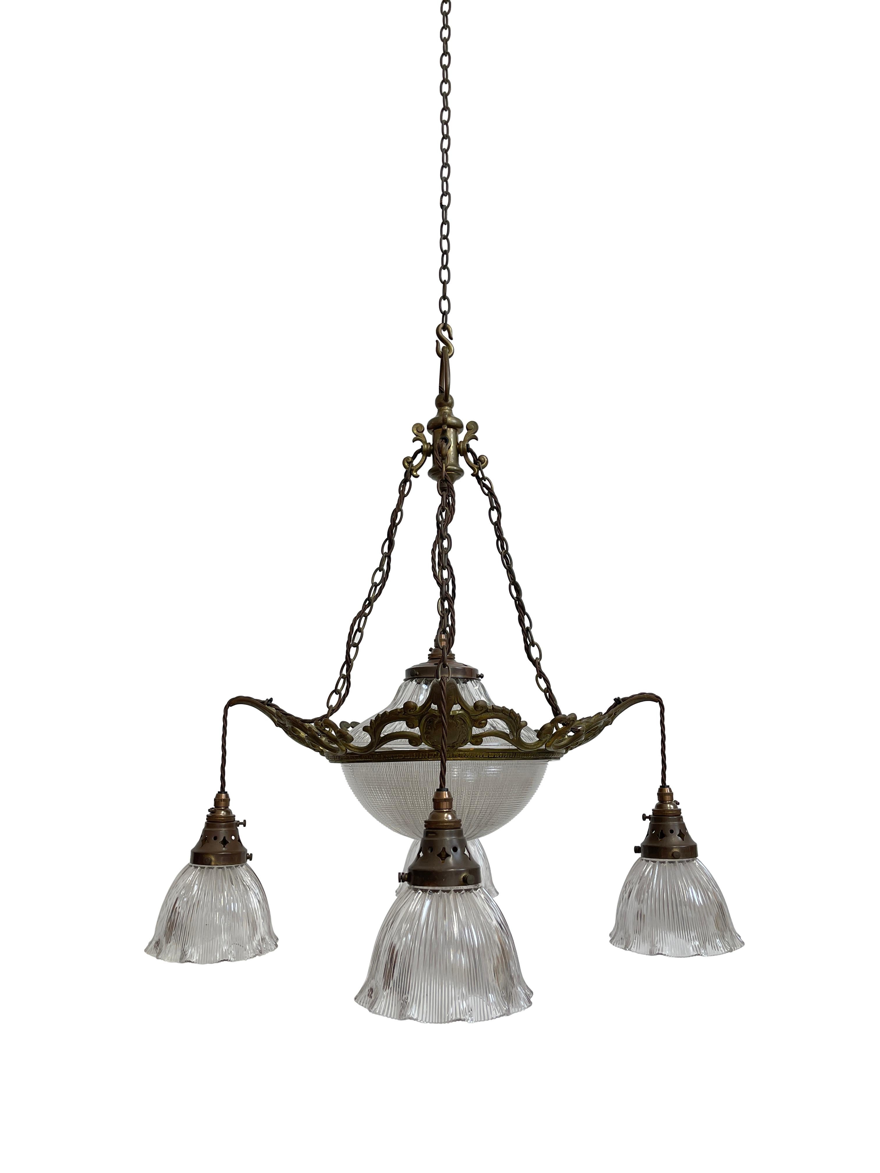 Large Antique Vintage Holophane Ceiling Chandelier Pendant Lamp Wall Light Set For Sale 2