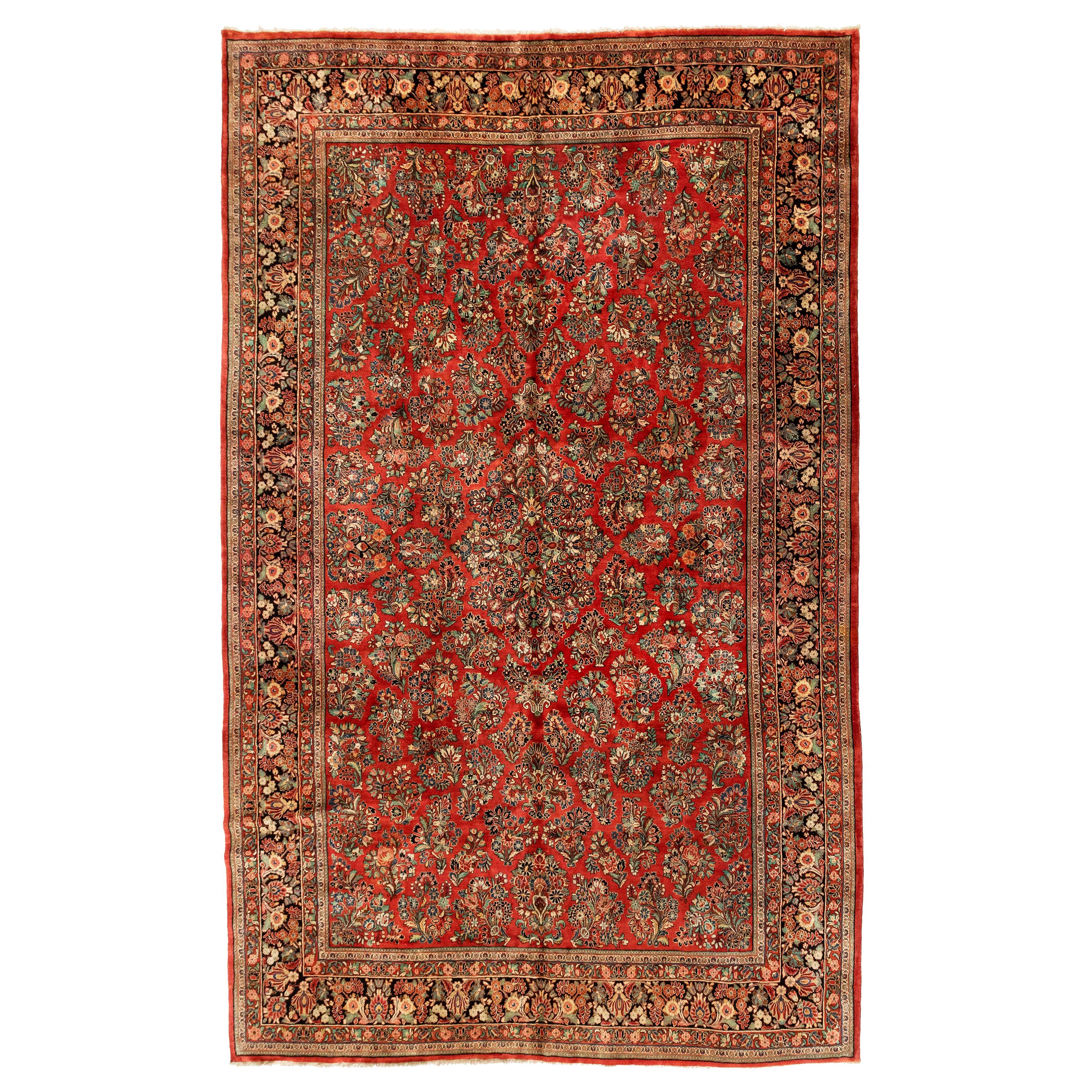 Large Antique Vintage Persian Red and Gold Floral Sarouk Rug, circa 1920s For Sale