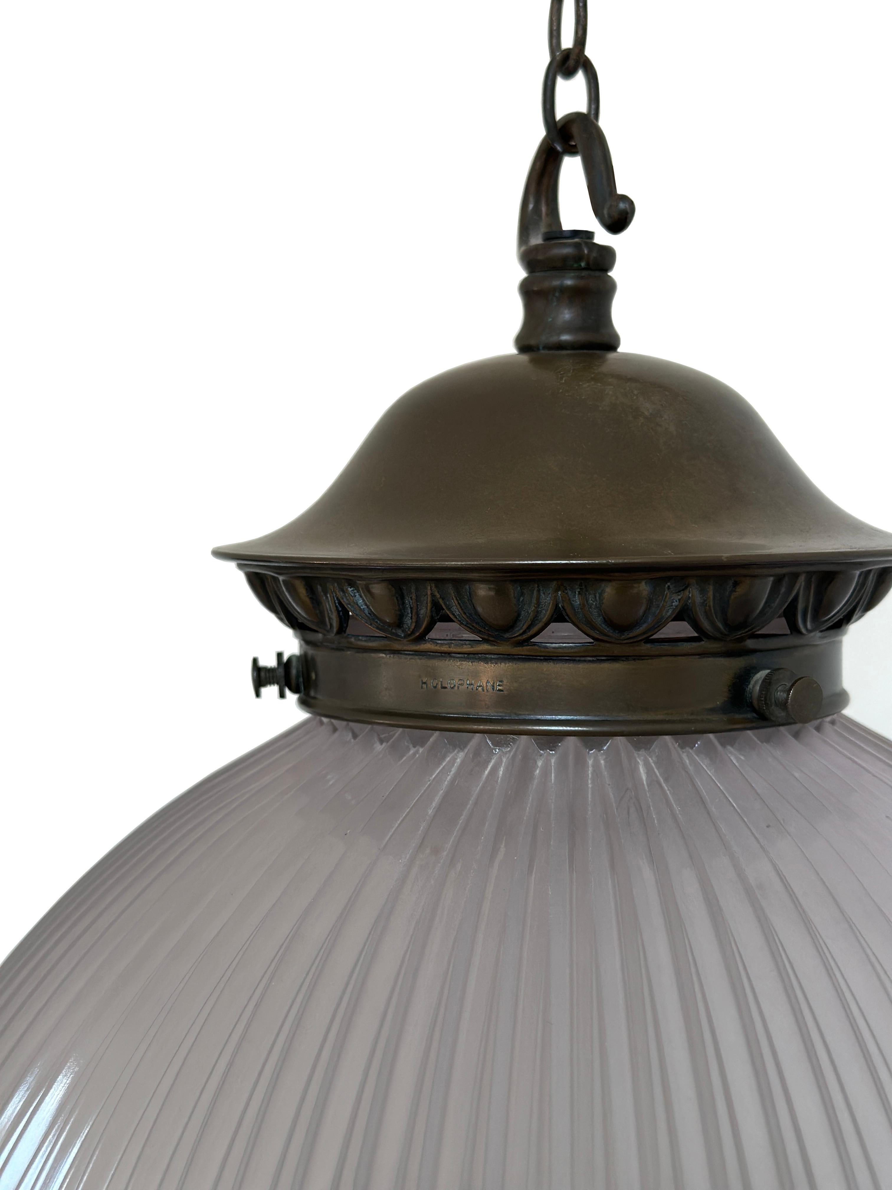 20th Century Large Antique Vintage Three Part Holophane Glass Ceiling Pendant Light Lamp