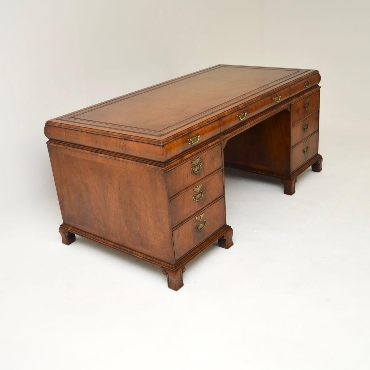 British Large Antique Walnut Leather Top Partners Desk