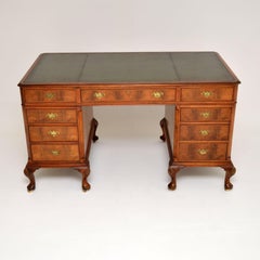 Large Antique Walnut Leather Top Pedestal Desk