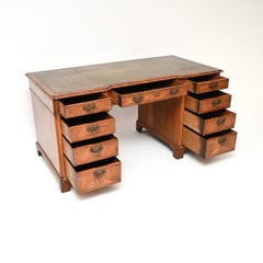 Large Antique Walnut Leather Top Pedestal Desk