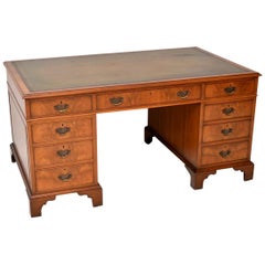 Large Vintage Walnut Leather Top Pedestal Desk