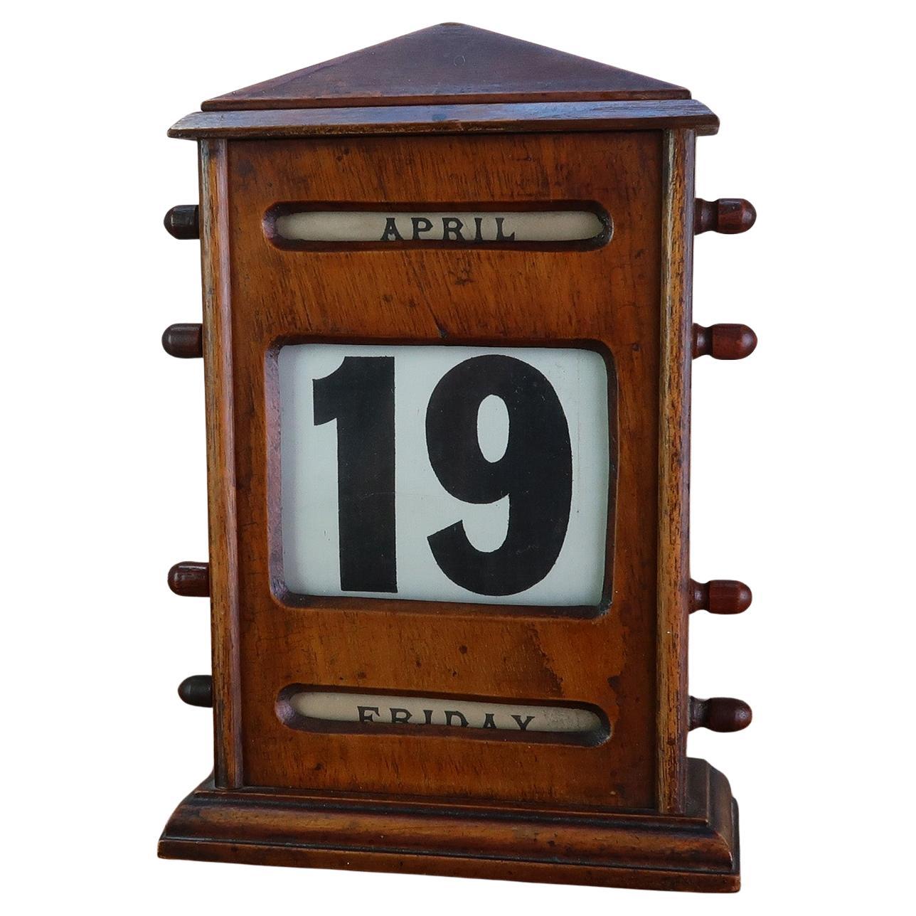Large Antique Walnut Perpetual Desk Calendar. English, C.1900