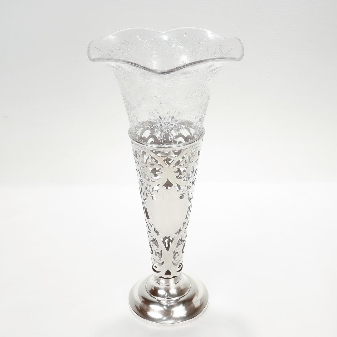 Large Antique Watson Sterling Silver & Cut Glass Vase for Bailey Banks & Biddle In Good Condition In Philadelphia, PA