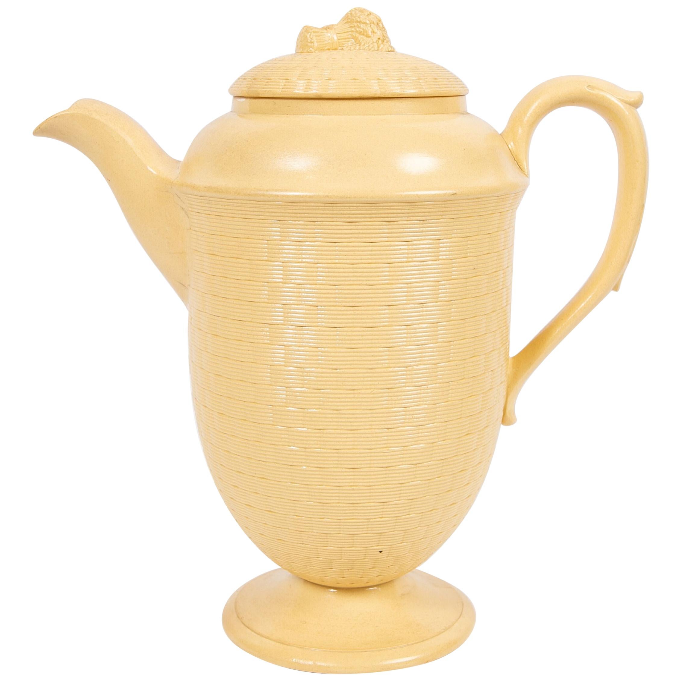 Large Antique Wedgwood Coffee Pot of Glazed Cane-Yellow Stoneware, circa 1830