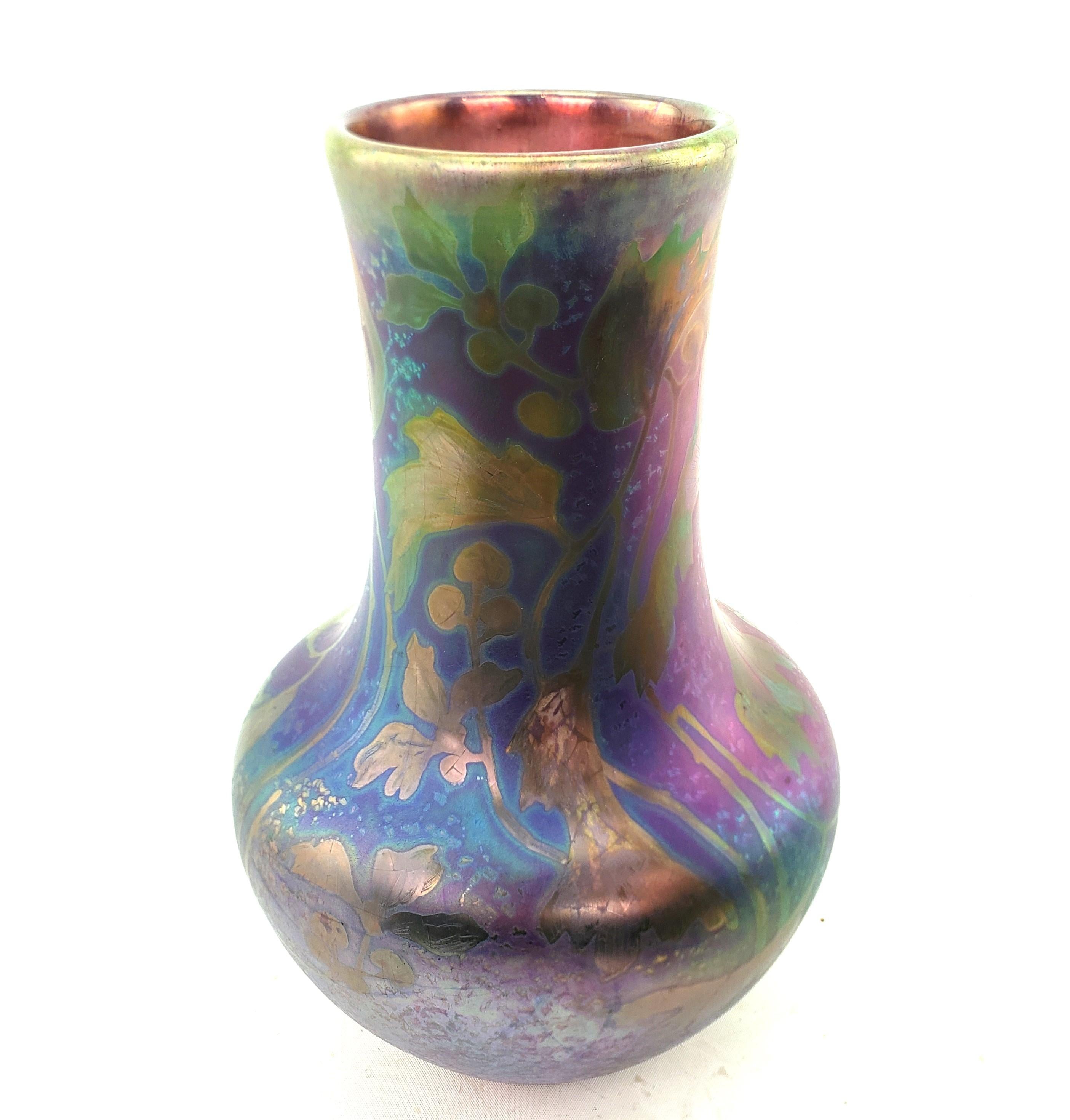 Art Nouveau Large Antique Weller Sicard Irridescent Art Pottery Vase with Stylized Flowers For Sale