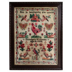 Large Antique Welsh Folk Art Needlework Sampler, Carmarthenshire 1905