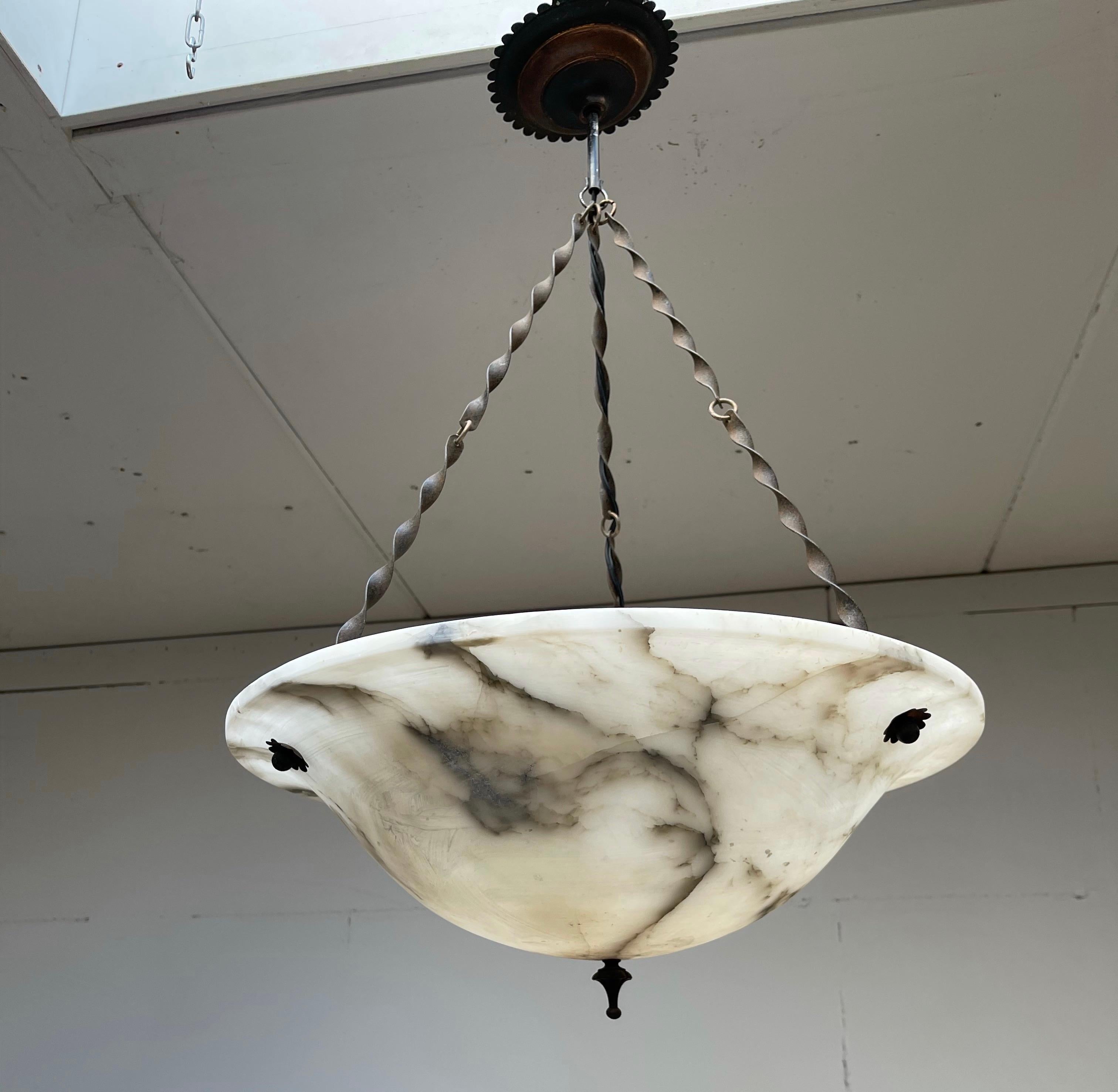 Large Antique White Alabaster Pendant Light / Chandelier w Special Twisted Chain 8