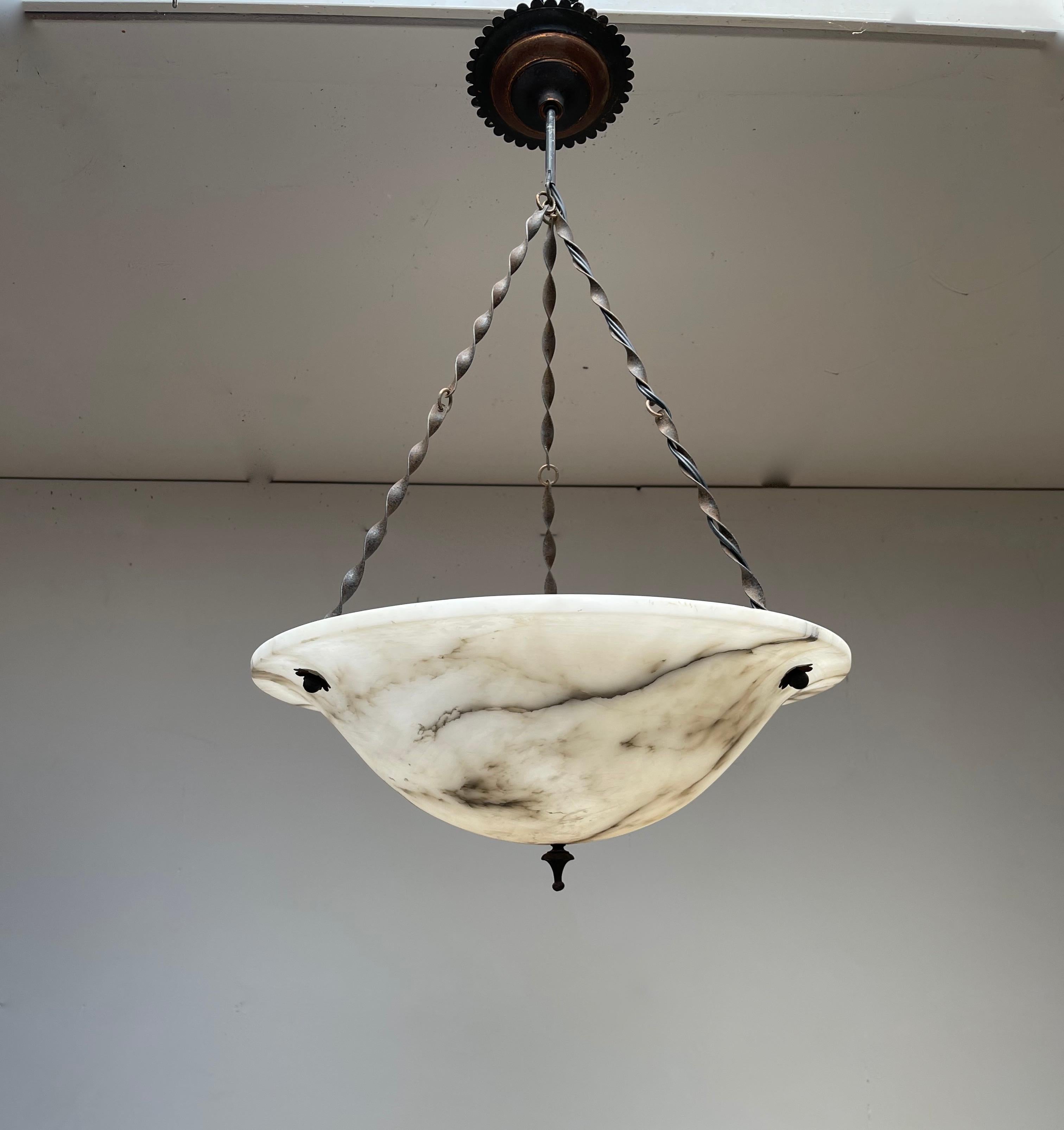 Arts and Crafts Large Antique White Alabaster Pendant Light / Chandelier w Special Twisted Chain