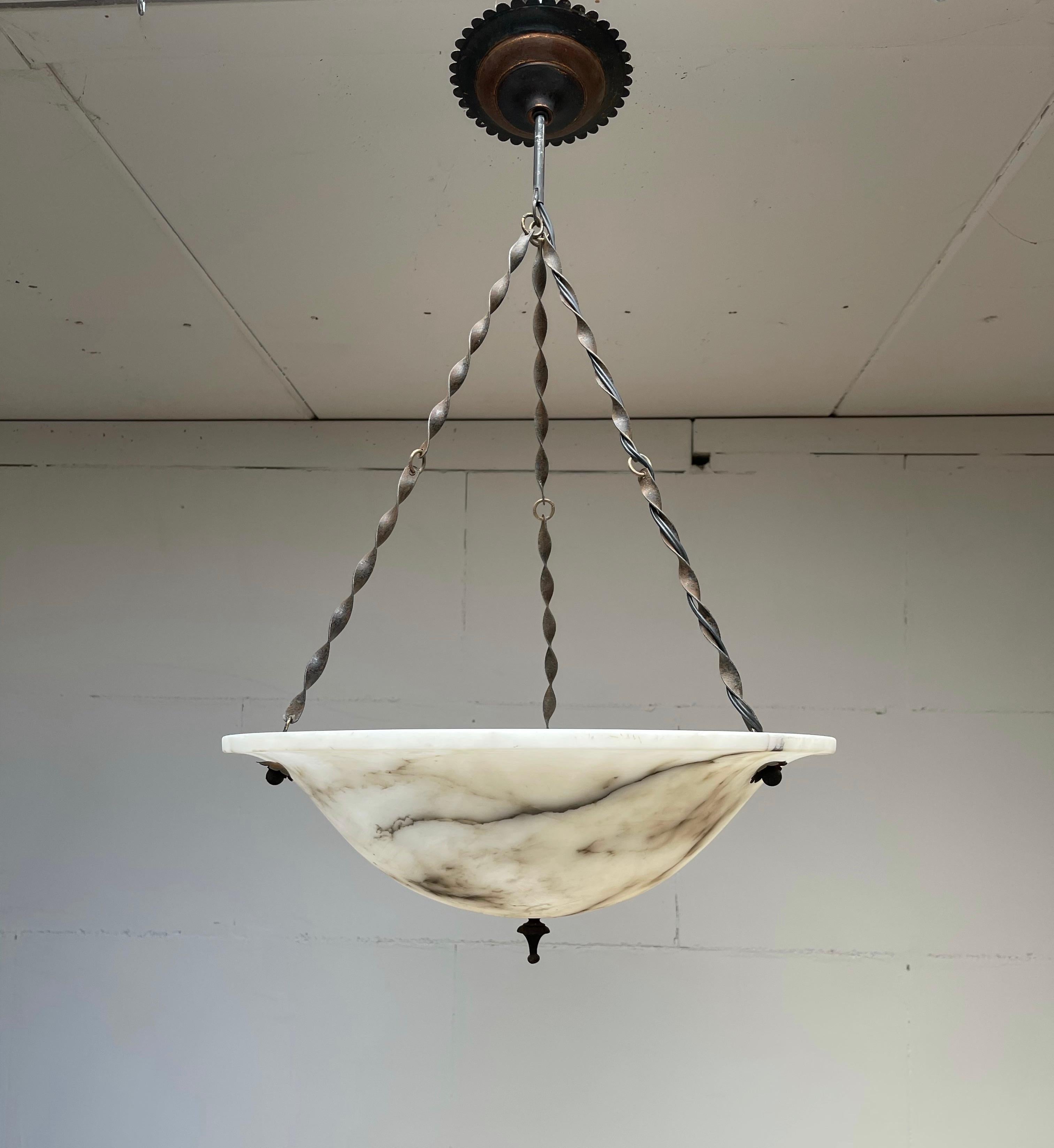 Blackened Large Antique White Alabaster Pendant Light / Chandelier w Special Twisted Chain