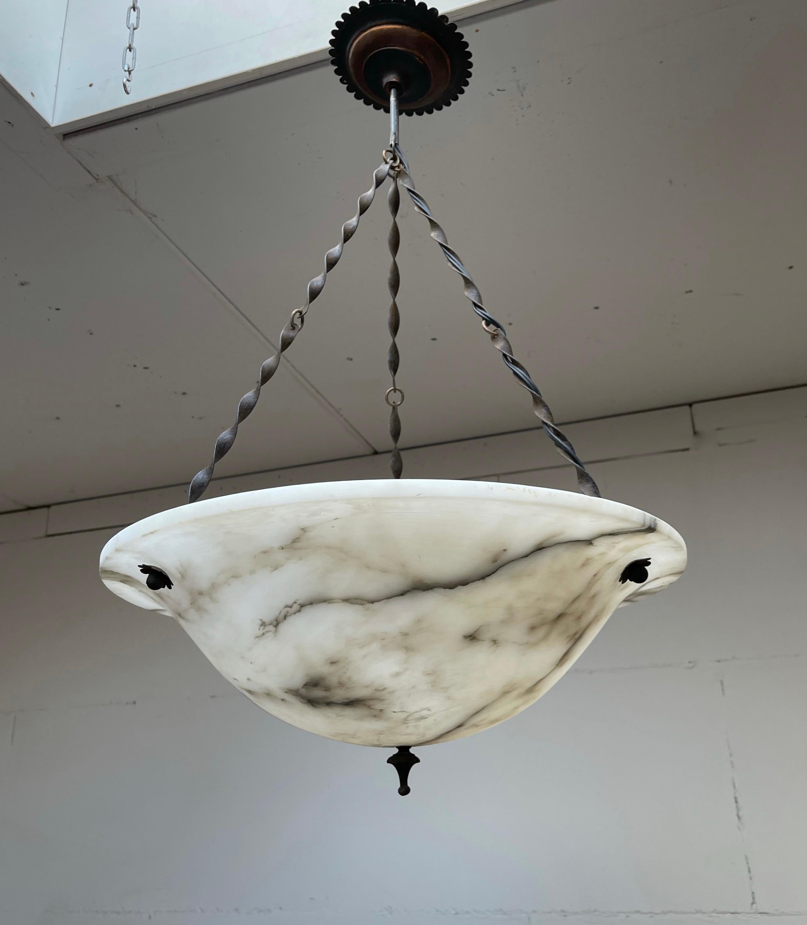 Large Antique White Alabaster Pendant Light / Chandelier w Special Twisted Chain In Good Condition In Lisse, NL