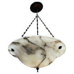 Large Antique White Alabaster Pendant Light / Chandelier w Special Twisted Chain
