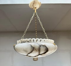 Large Antique White & Black Alabaster Pendant Light Chandelier with Brass Chains