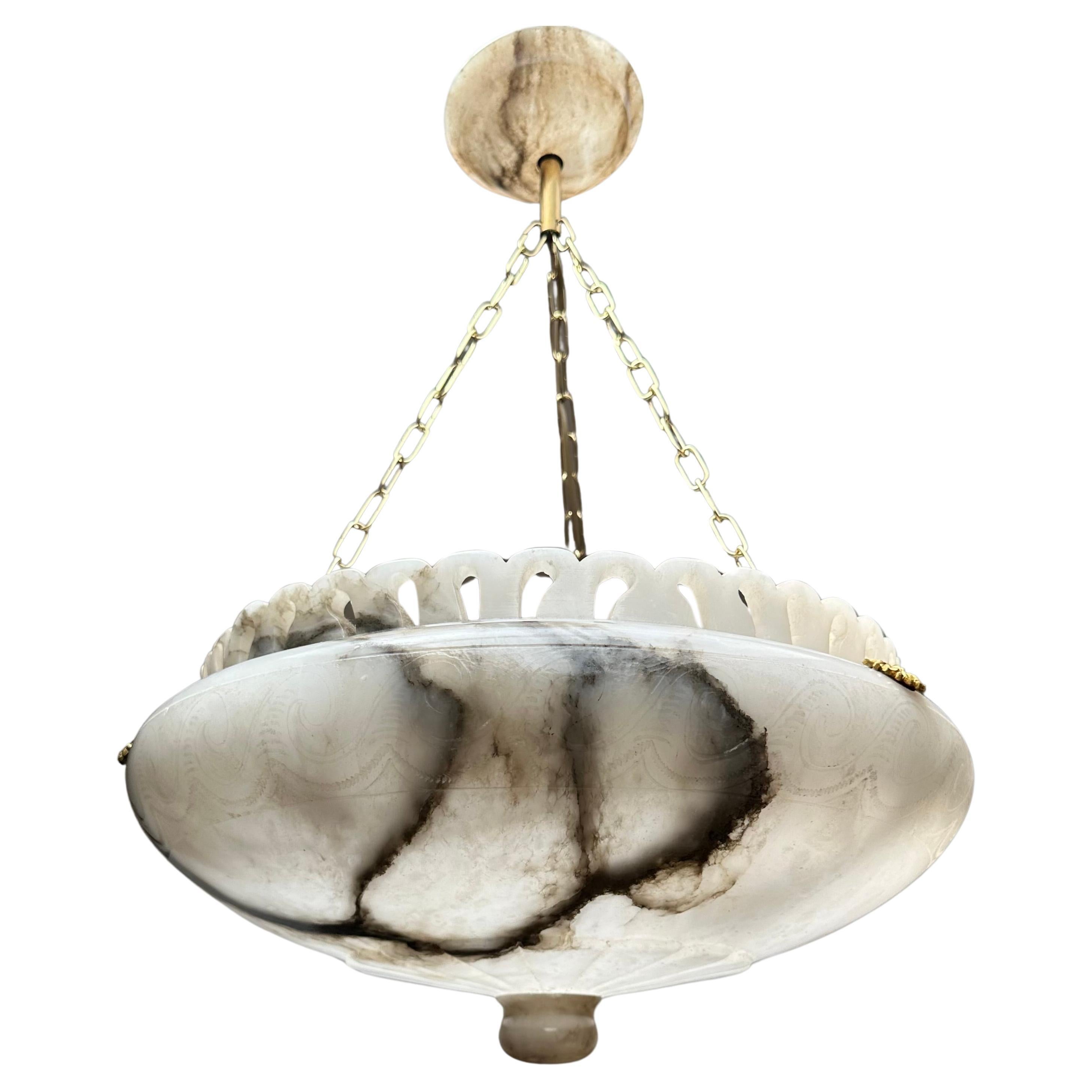 Large Antique White 
Black Alabaster Pendant Light Chandelier with Brass Chains