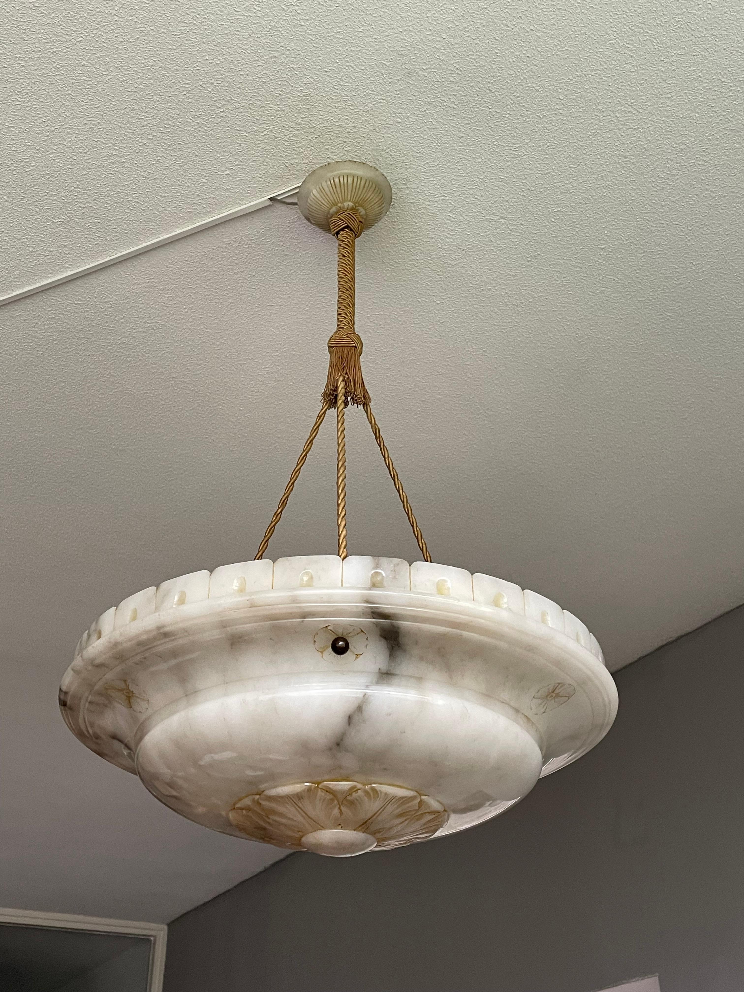 Arts and Crafts Large Antique White & Black Alabaster Pendant Chandelier w. Perfect Rope Chain