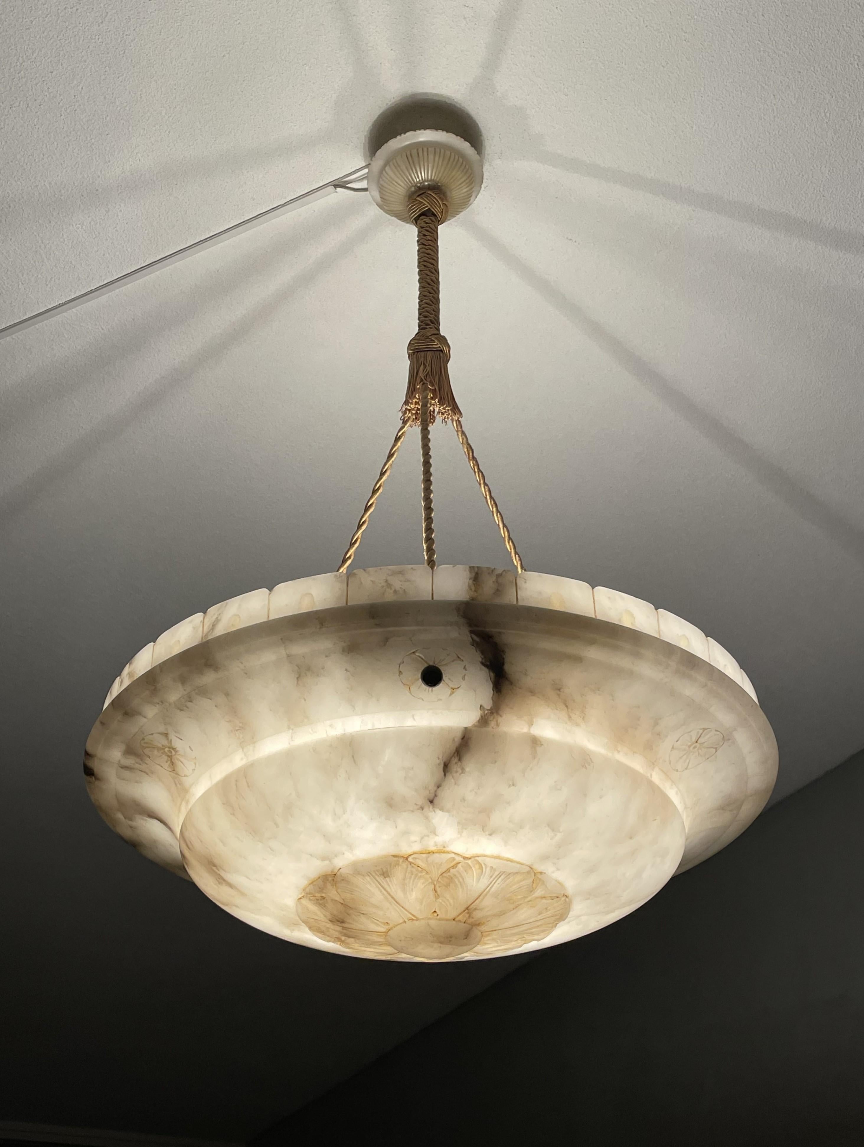 European Large Antique White & Black Alabaster Pendant Chandelier w. Perfect Rope Chain